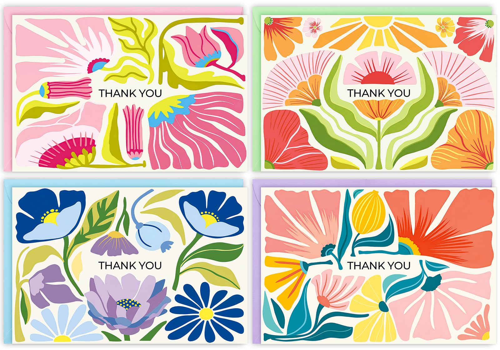 YianHien Thank You Cards, 24 Pack Floral Thank You Cards Multipack for Wedding, Teachers, Baby Shower, Small Business, Thank You Gift Note, Blank Inside with Coloured Envelopes