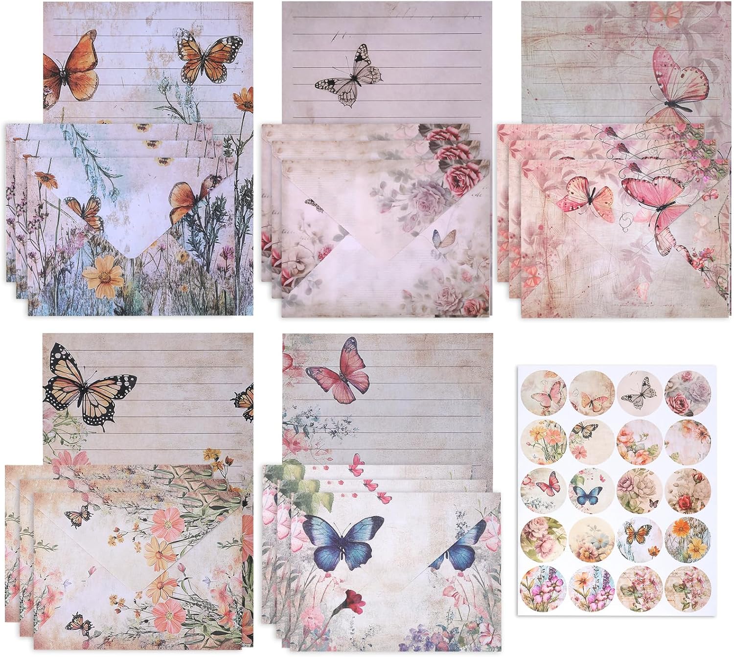 Stationary Letter and Envelopes Set Floral Butterfly Writing Paper Lined Vintage Colored Letter Papers and Envelope Floral Lined Writing Paper with Envelope, 20 Round Dot Sticker