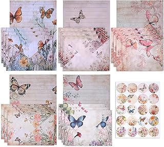 Vintage Stationary Letter and Envelopes Set, Floral Butterfly Stationary Paper 30 Pcs Letter Papers 15 Pcs Colored Envelopes, 20 Round Dot Sticker for Writing Letters