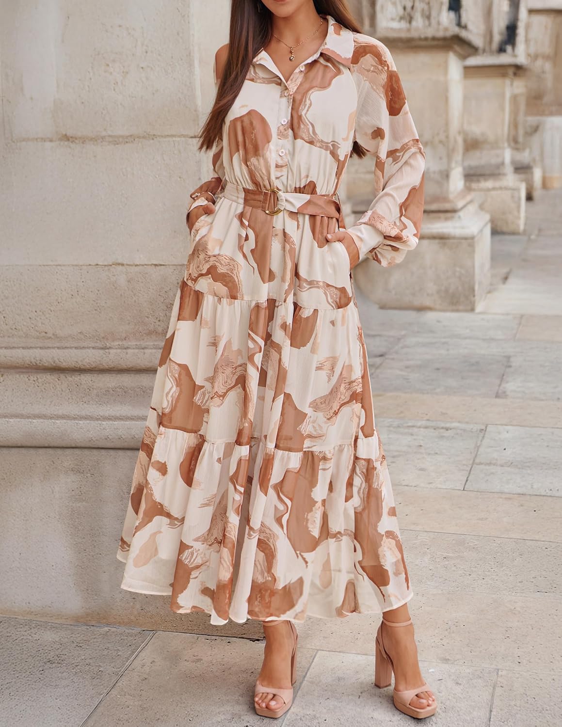 ZESICA Women's Spring Floral Long Sleeve Maxi Dresses 2026 Casual Button Belted Chiffon Boho Wedding Guest Party Dress - Image 3