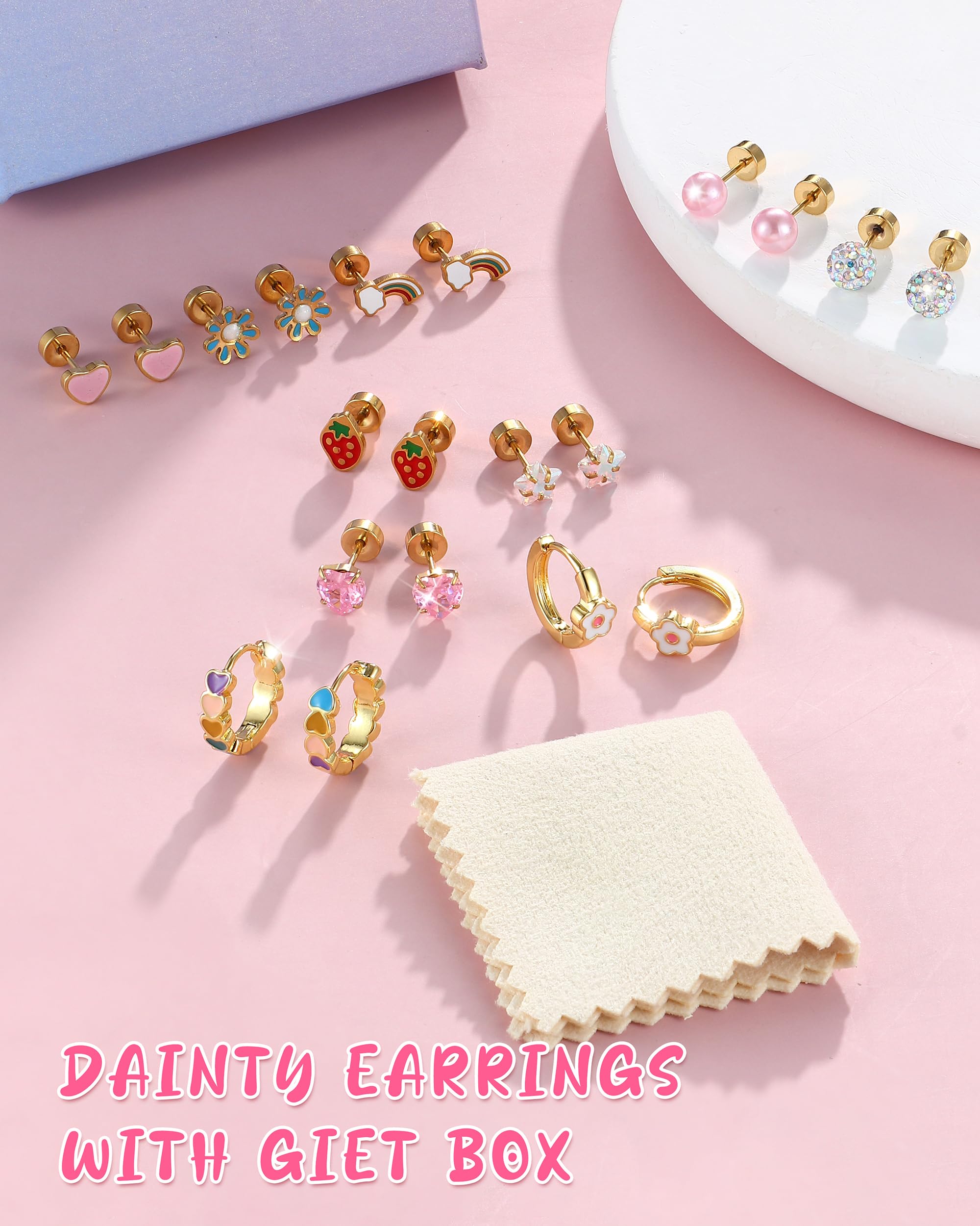 CASSIECA 10 Paires Boucle d'Oreille Enfants Fille Boucle d'Oreille Femme Acier Inoxydable Hypoallergenique Creoles Ensemble Boucles d'Oreilles Mignonnes de Cœur Fleur Arc-en-Ciel Zircon