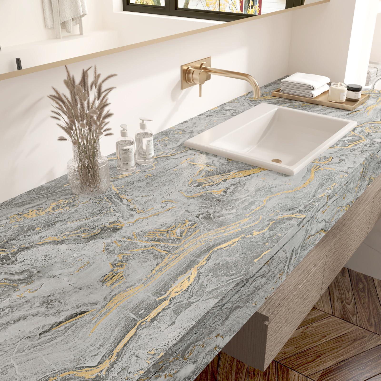 Wallercity Gray Gold Marble Contact Paper for Countertop Matte Marble Peel and Stick Countertops Granite Wallpaper for Bathroom Self Adhesive