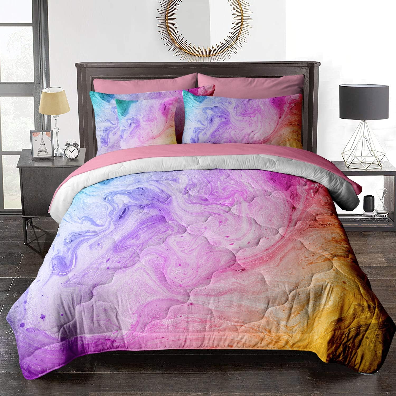 BlessLiving 8Piece Colorful Tie Dye Marble Comforter Set