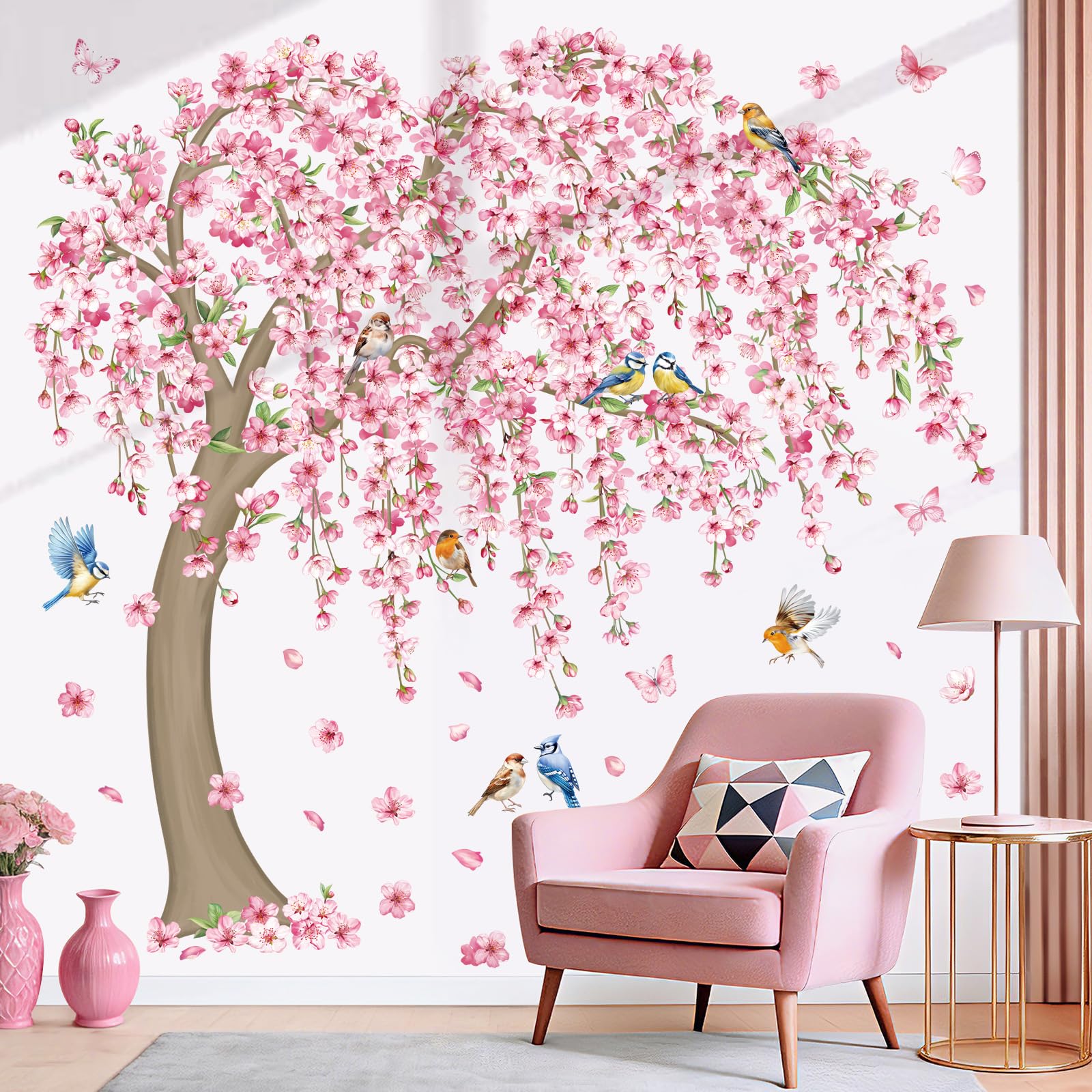 decalmile Stickers Muraux Fleurs de Cerisier Roses Autocollant Mural Grand Arbre Floral Oiseaux Décoration Murale Salon Chambre Mur TV