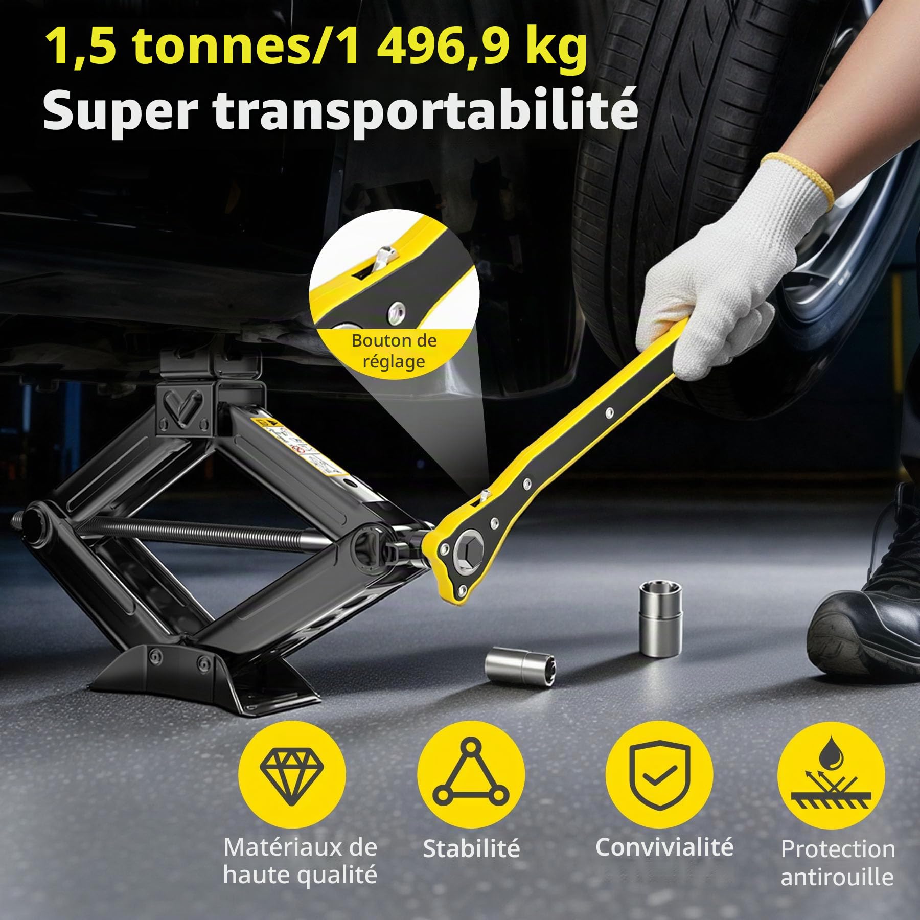 Cric Voiture 1.5T/1500kg, Cric pour Voiture avec Clé à Cliquet kit, Portable pour Voitures Berlines Camionnettes et SUV, Kit d'urgence Automobile