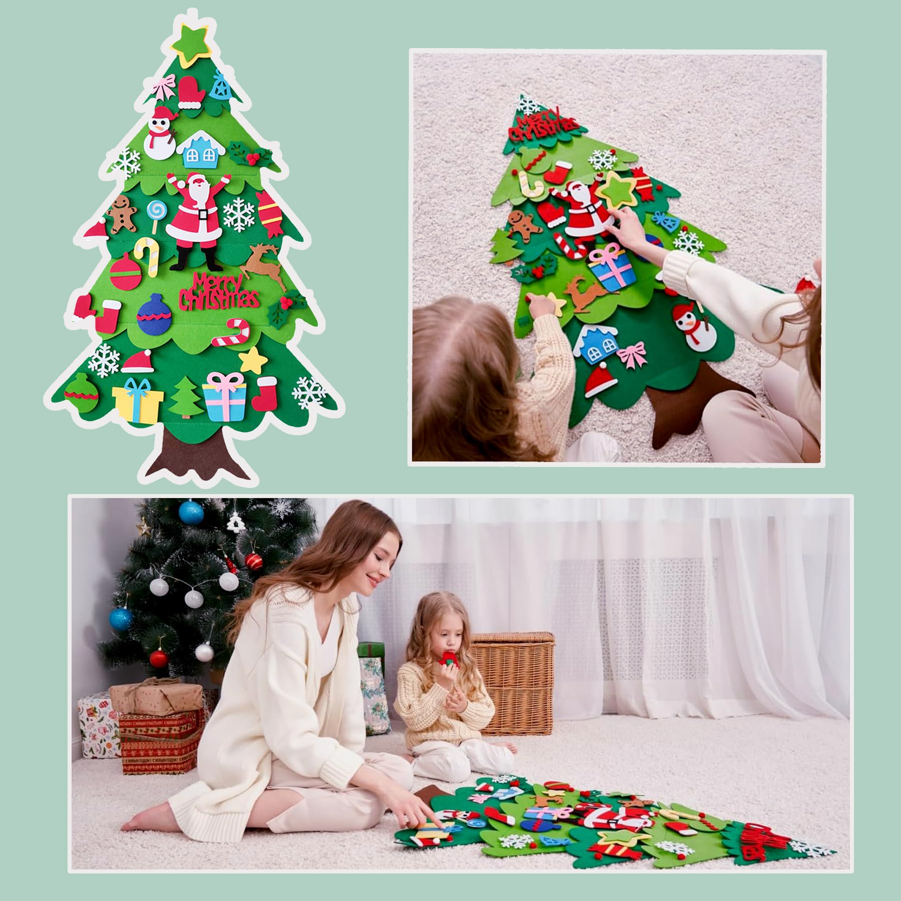 OUQIWEN Feltro Albero Natale,100 cm DIY Albero Natale Feltro Per Bambini Con 32 Staccabili Ornamenti,Decorazioni Natalizie Da Parete Per Porte