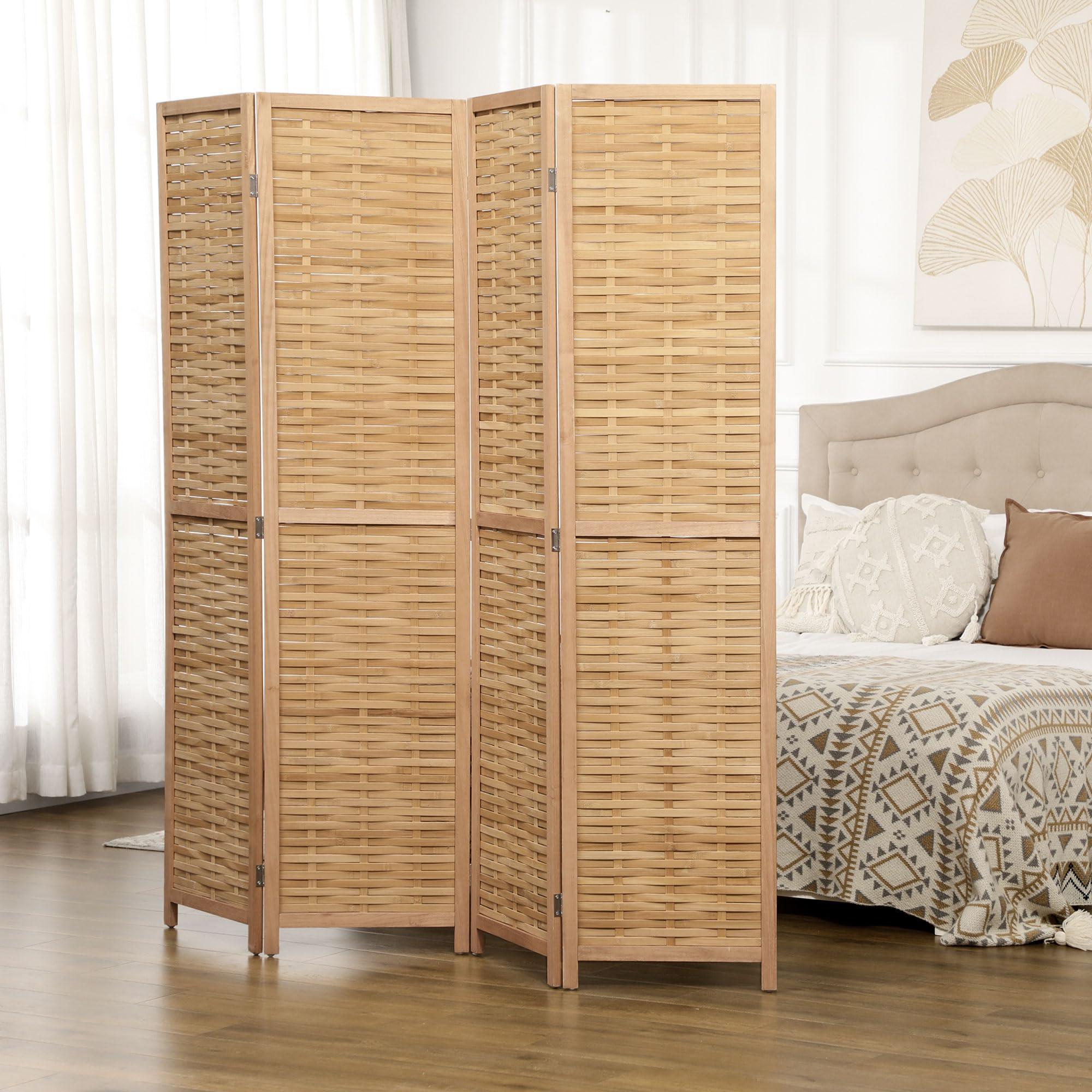 HOMCOM Paravent en Bois 4 Panneaux 160 x 170 cm séparateur de pièce closion de séparation Pliable en Bambou - Naturel Clair