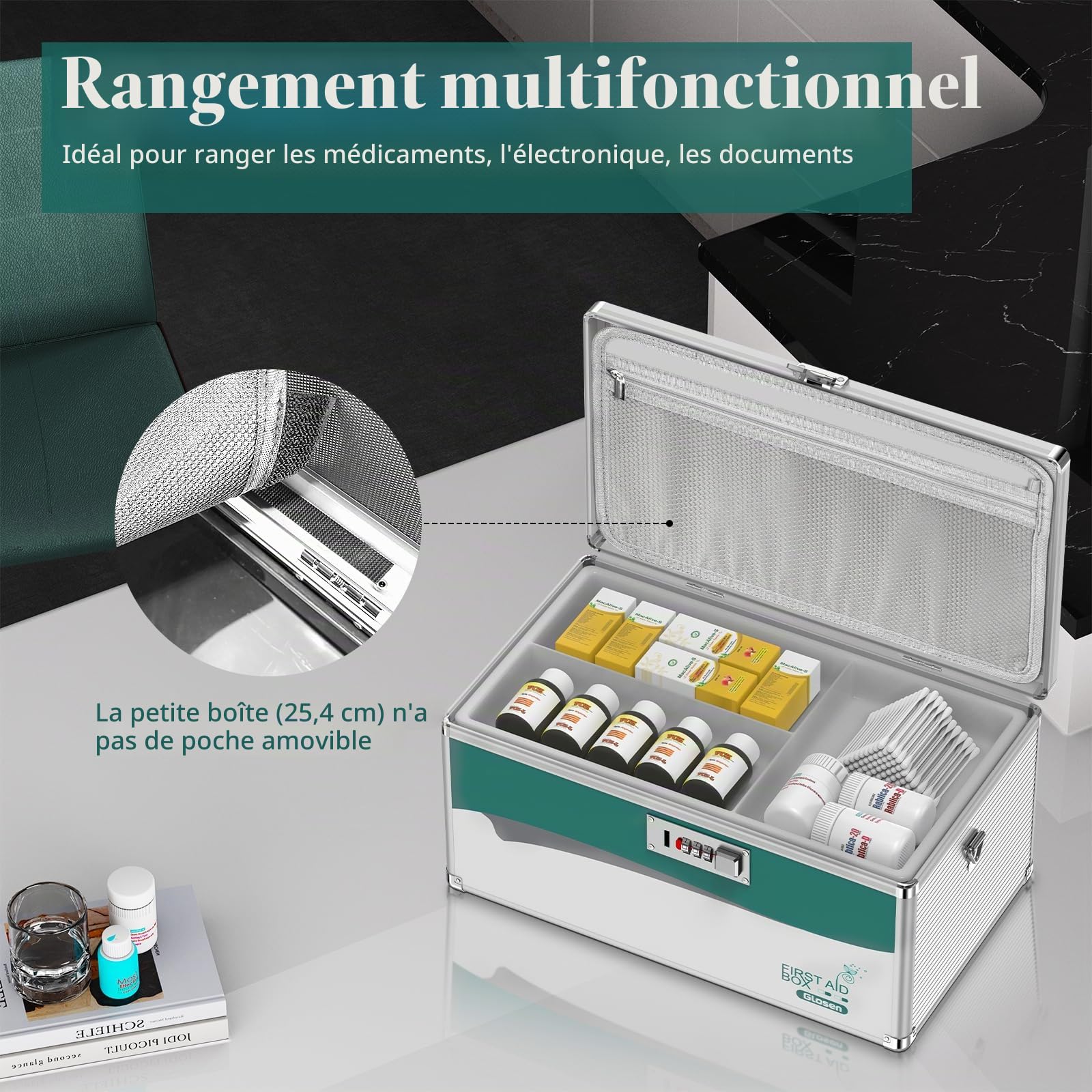 Glosen Boîte à Pharmacie avec code, Boîte de Rangement Médicale, Boite Medicaments à serrure à combinaison, Coffre de Rangement Medicament à serrure combinée Verrouillable