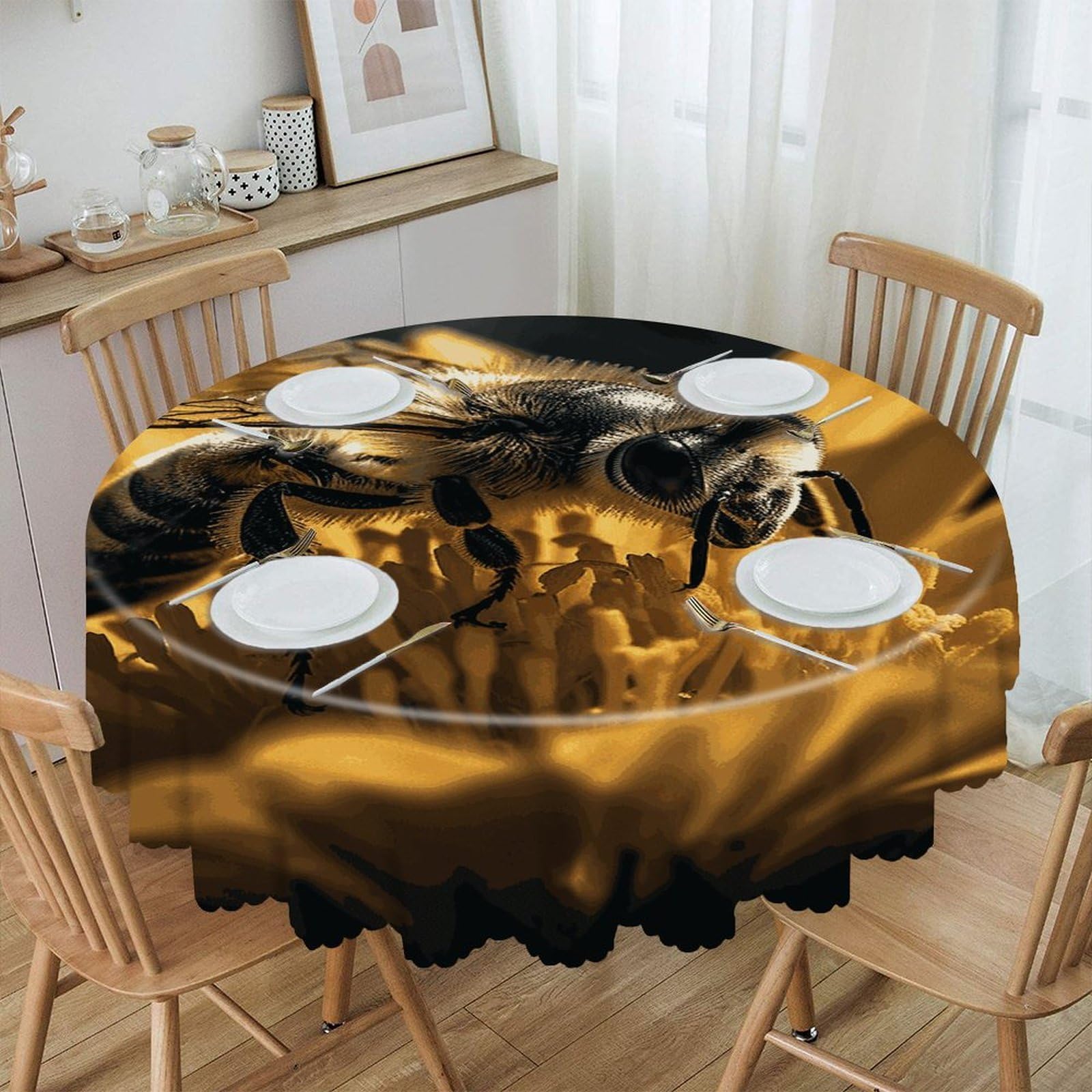 Adfgyerh Style Serious Bee Table Cloth Easy To Clean, Home Decor Lace Design, Soft And Comfortable, Round Tablecloth Suitable For Homes, Restaurants, Hotels, Patio Tables, Etc.