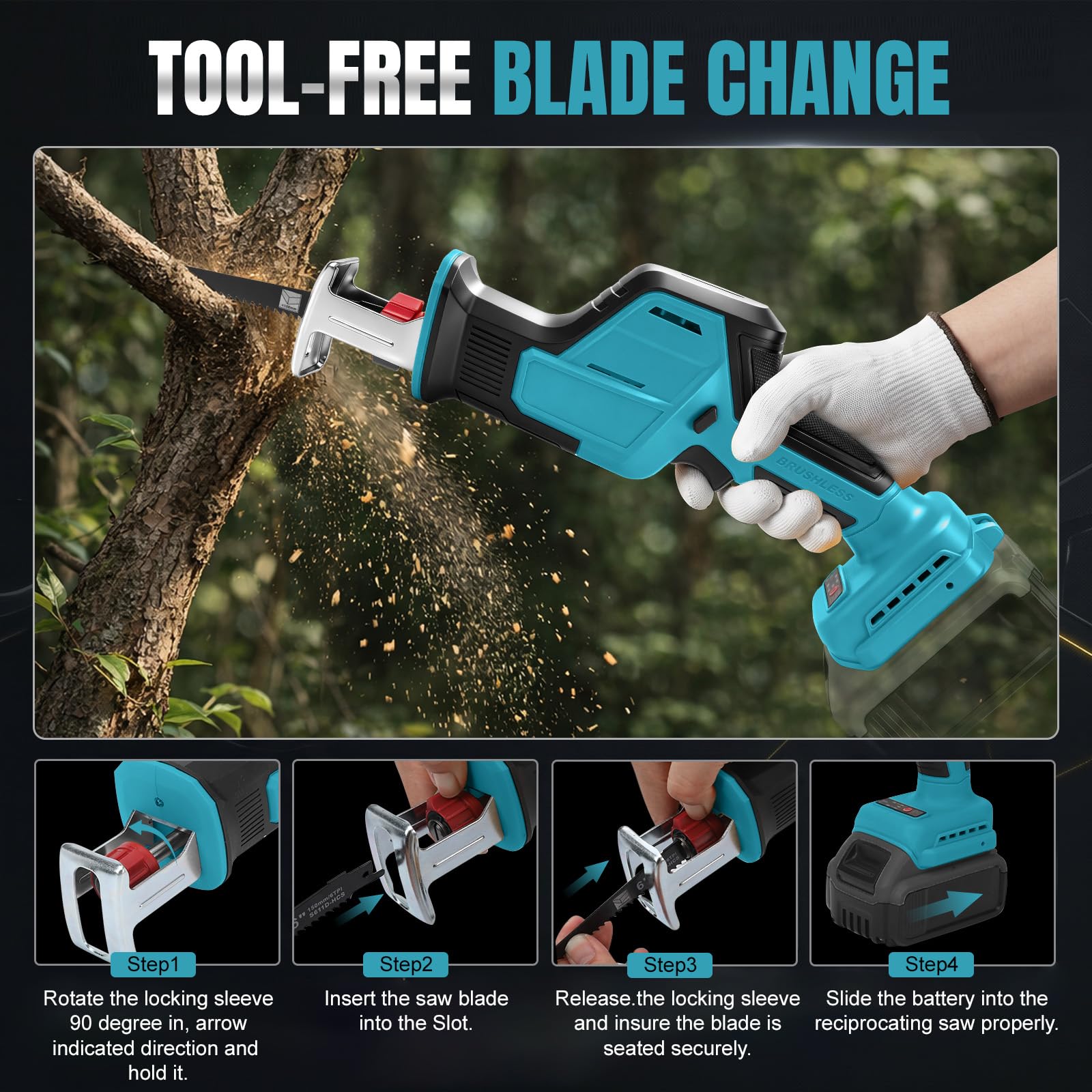 Sierra Sable Inalámbrica con 4 Hojas para Makita 18V (sin Batería) | 600W, Sierra Sable sin Escobillas, con Luz LED, Maletín, para Cortar Madera y PVC