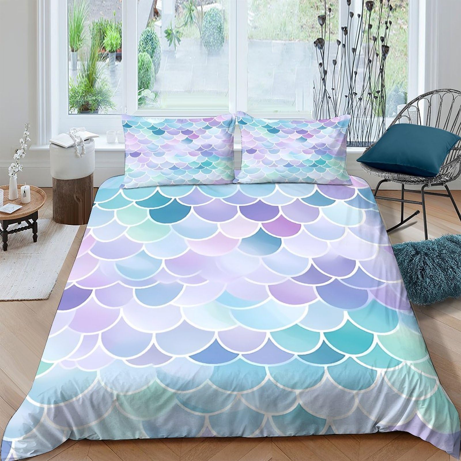 Ctjqhvkz Style-7 3D Printed Mermaid Scales Fitted Sheet Microfiber Pastel Wave Mattress Cover For Bedroom Dorm Dust Protection Single（135X200cm）