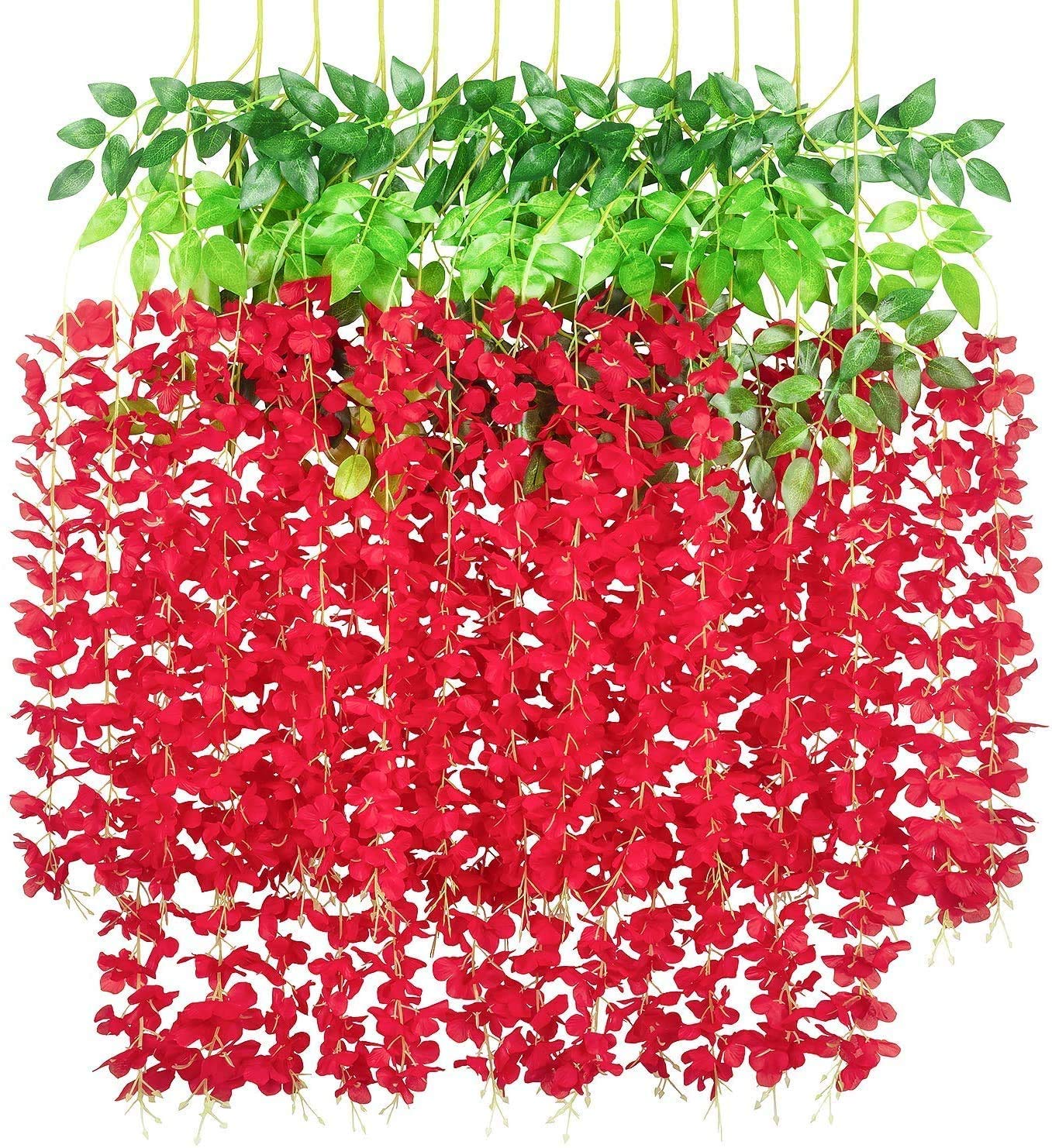 SoulQool 12 Pack 3.6 Feet/Piece Artificial Wisteria Vine Fake Wisteria Hanging Garland Silk Long Hanging Bush Flowers String Home Party Wedding Decor (Red)