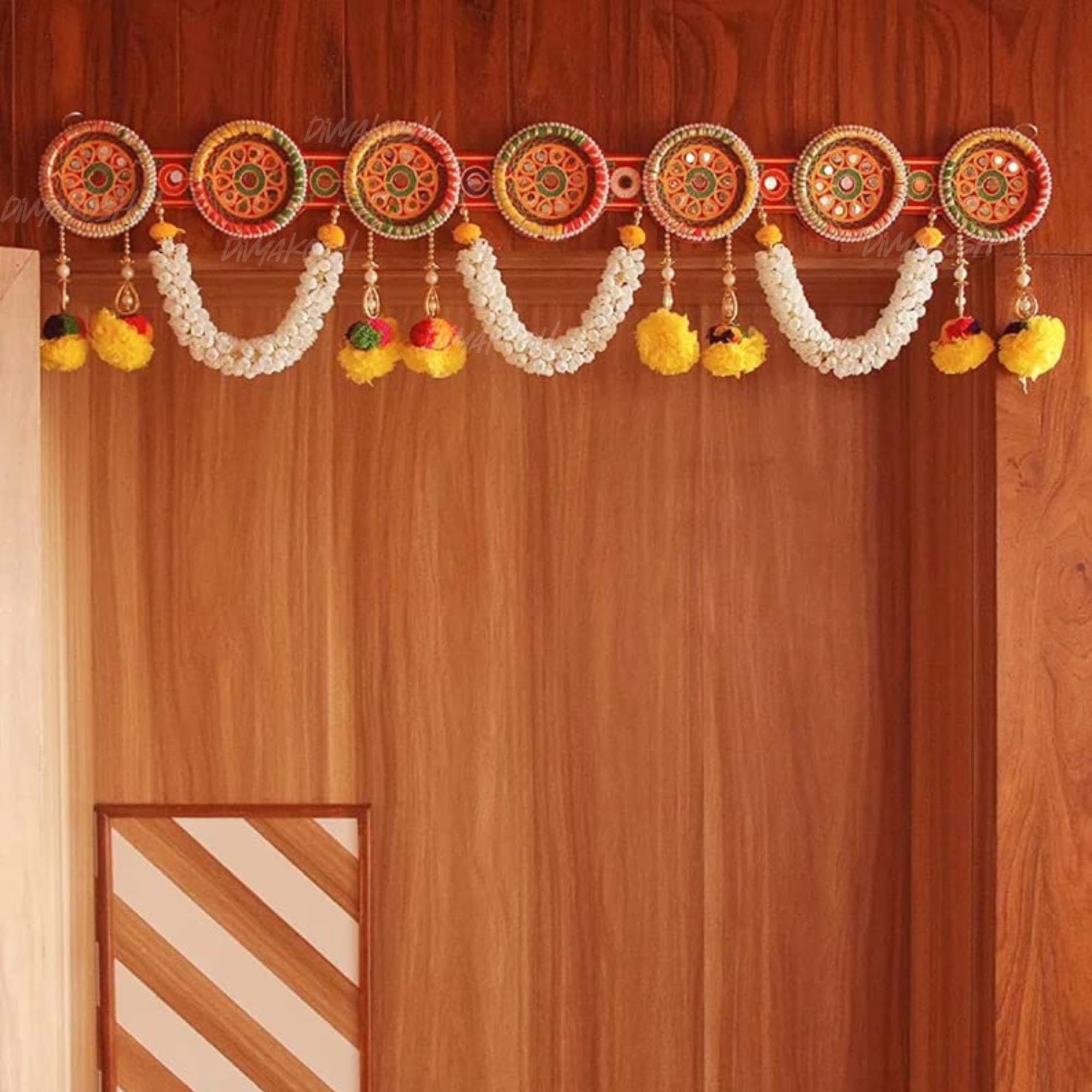 Divyakosh Toran/Bandanwar for Home Decoration and Office, Round Embroidery Work and Pom Pom Mogra Flower Toran Decoration Hanging/Bandarwal/Toran for Door | Size 38 Inch |