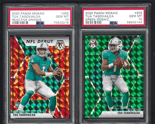 PSA 10 TUA TAGOVAILOA 2 CARD ROOKIE LOT SHORT PRINT PANINI MOSAIC REACTIVE ORANGE & GREEN DOLPHINS SUPERSTAR QUARTERBACK GRADED PSA GEM MINT 10