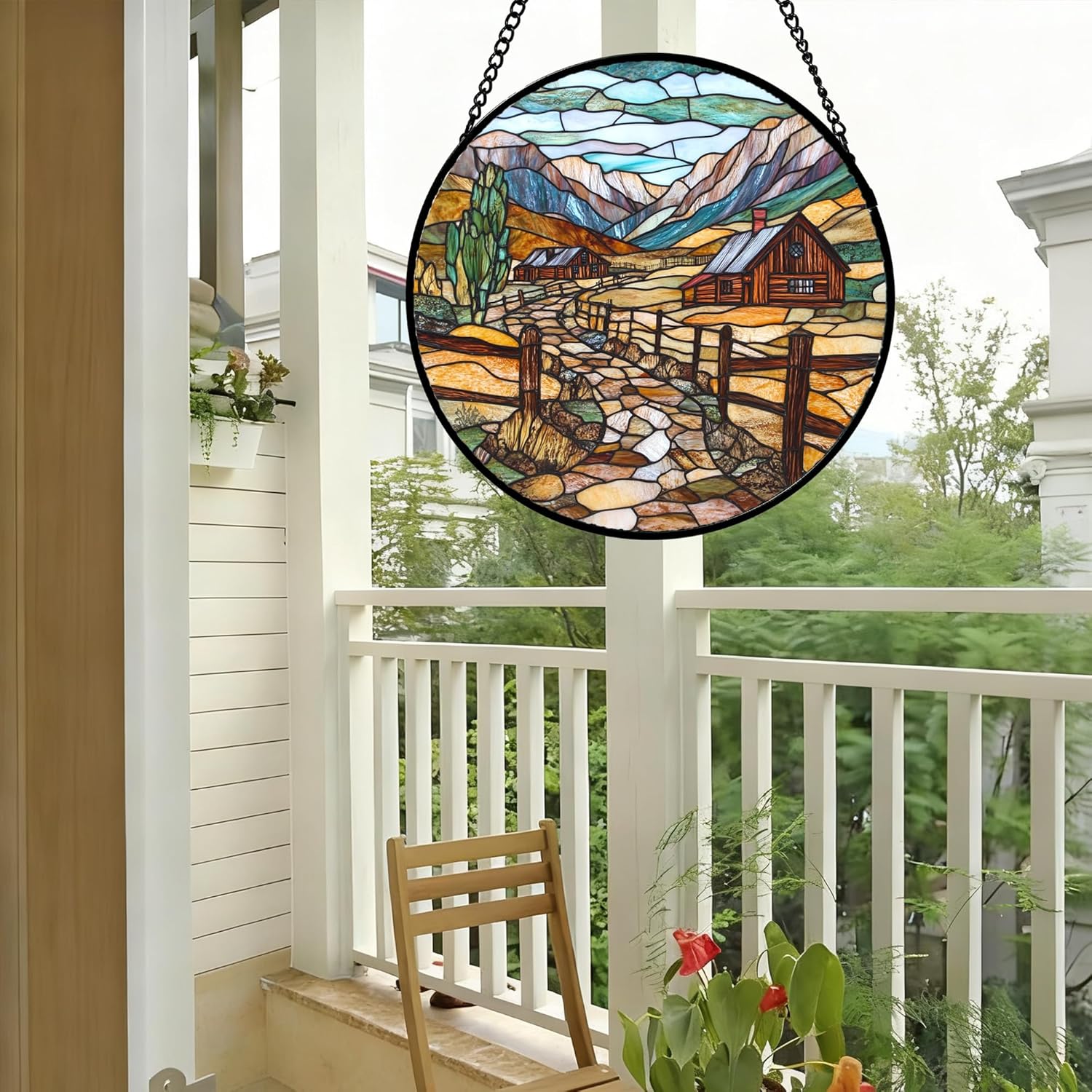 Stained Glass Window Hanging Mountain Ranch Rural Life 7.8" - Cactus Suncatcher Door Terrace Garden Sun Catcher Home Decor Birthday Christmas for Mom Men Woman Friend - Image 5