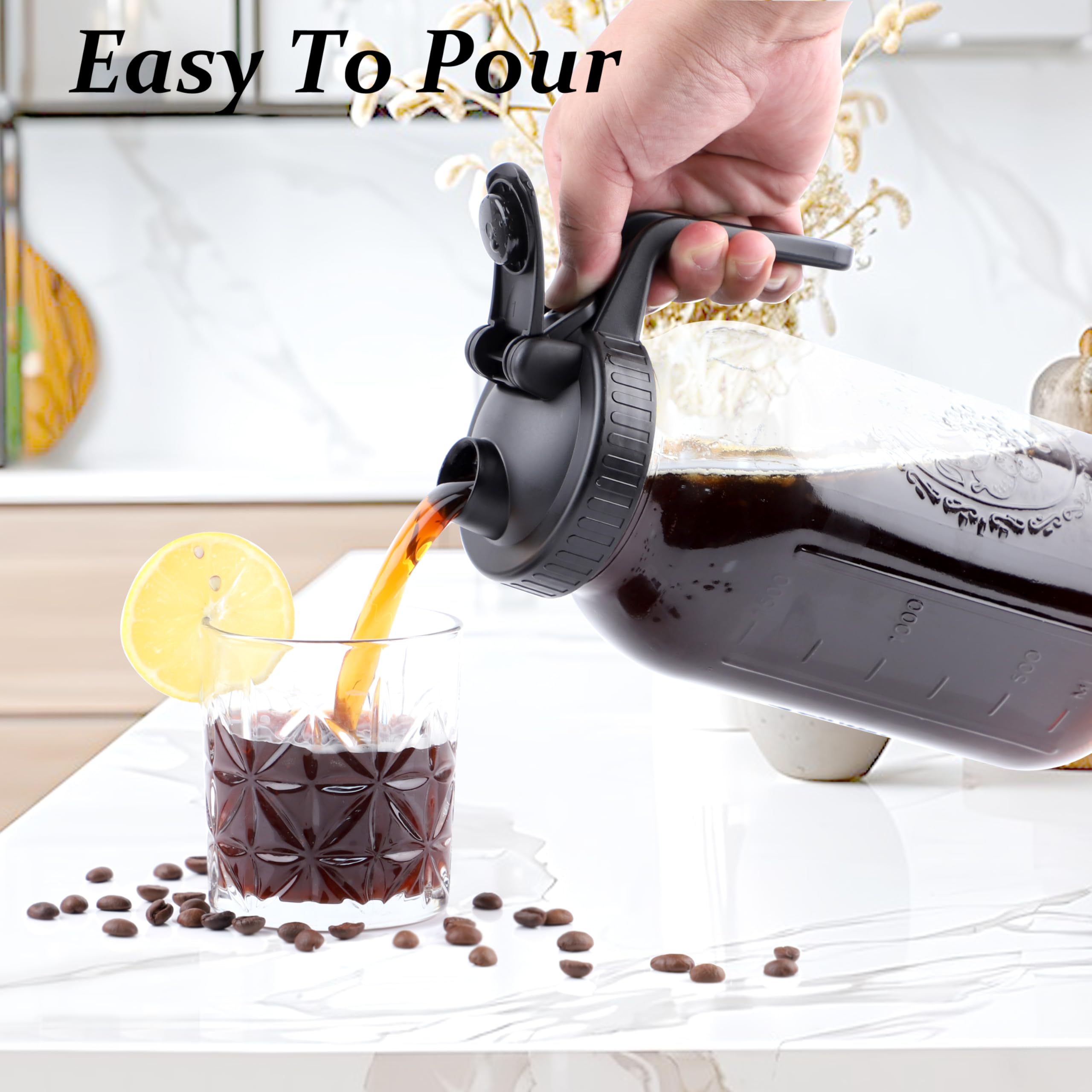 Cafetera fría de 64 onzas, 2 juegos de jarra de vidrio de medio galón con tapas de boquilla de vertido, jarra de cerveza fría de boca ancha de 2 cuartos de galón con colador para refrigerador, 3