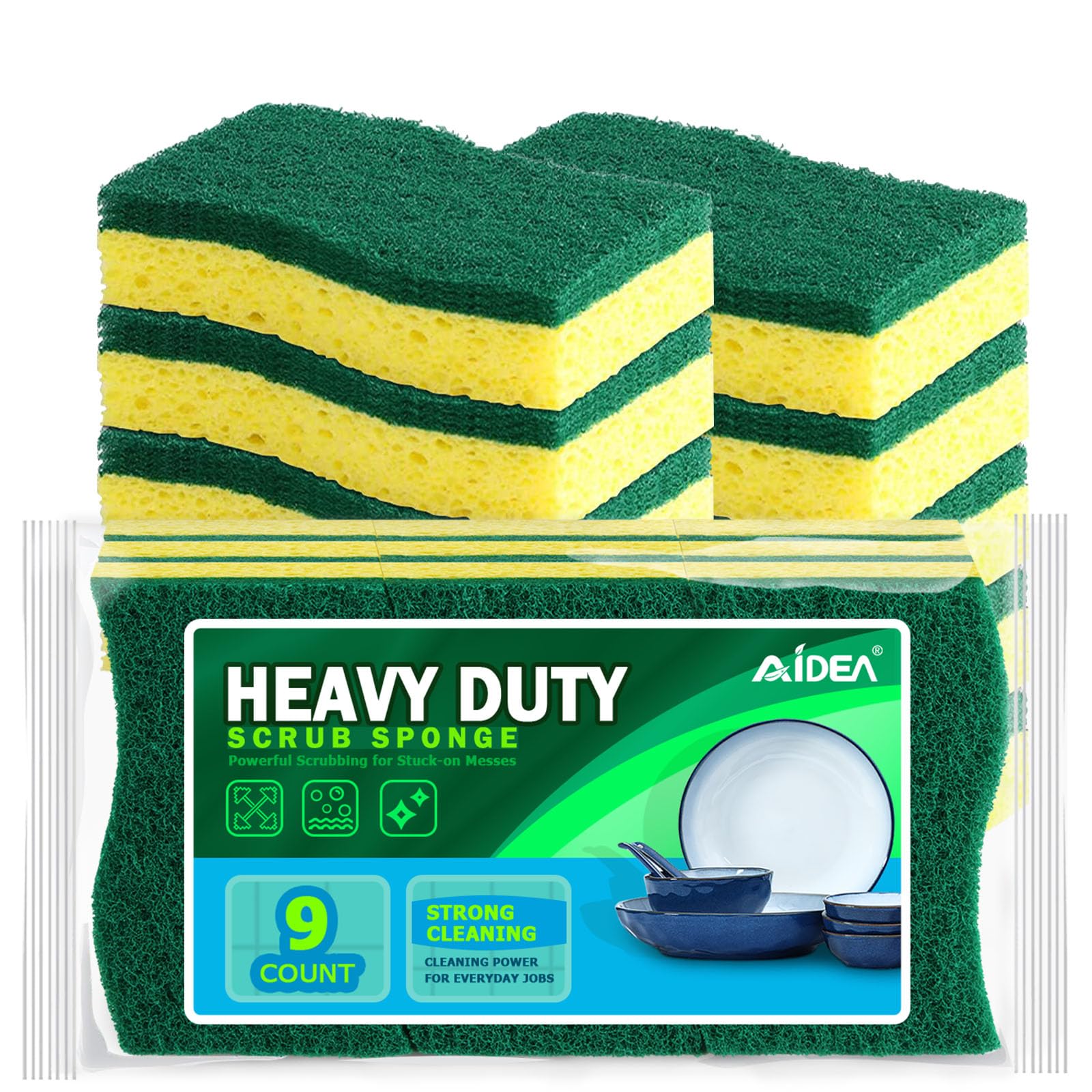 AIDEA Sponges Kitchen 9Count Dish Sponges Heavy-Duty Sponge for Non-Coated Cookware Scrubbing Power for Tough Messes Cleaning Sponge