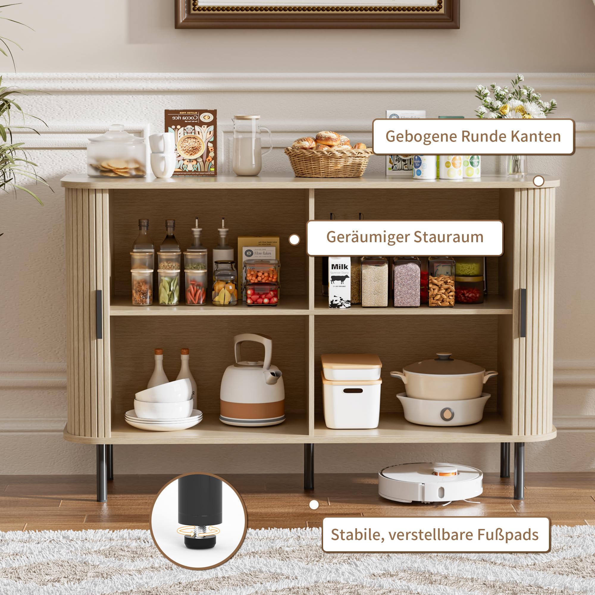 BonVache Gehäuseschrank, Aufbewahrungsschrank Buffet, Küchenschrank mit Schiebetür Trommel, Aufbewahrungseinheit für Salon Maison Esszimmer Moderne, Beige