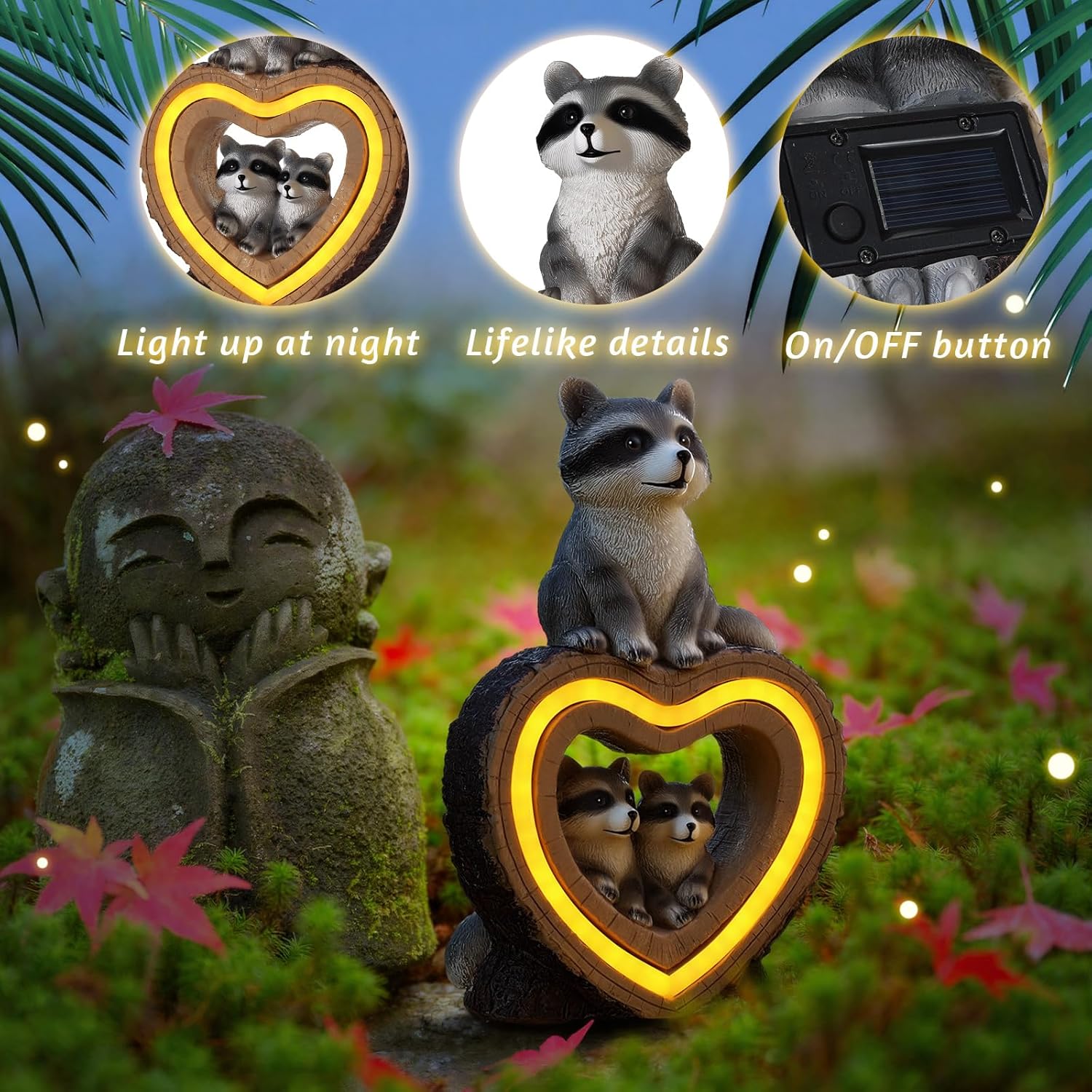 Thyle Solar Raccoon Family Garden Statue with Heart Light 9 Inch Raccoon Solar Lights Statue Outdoor Decor Windproof Waterproof for Outside Yard Garden Lawn Home Decor Mother Gifts for Women Mom