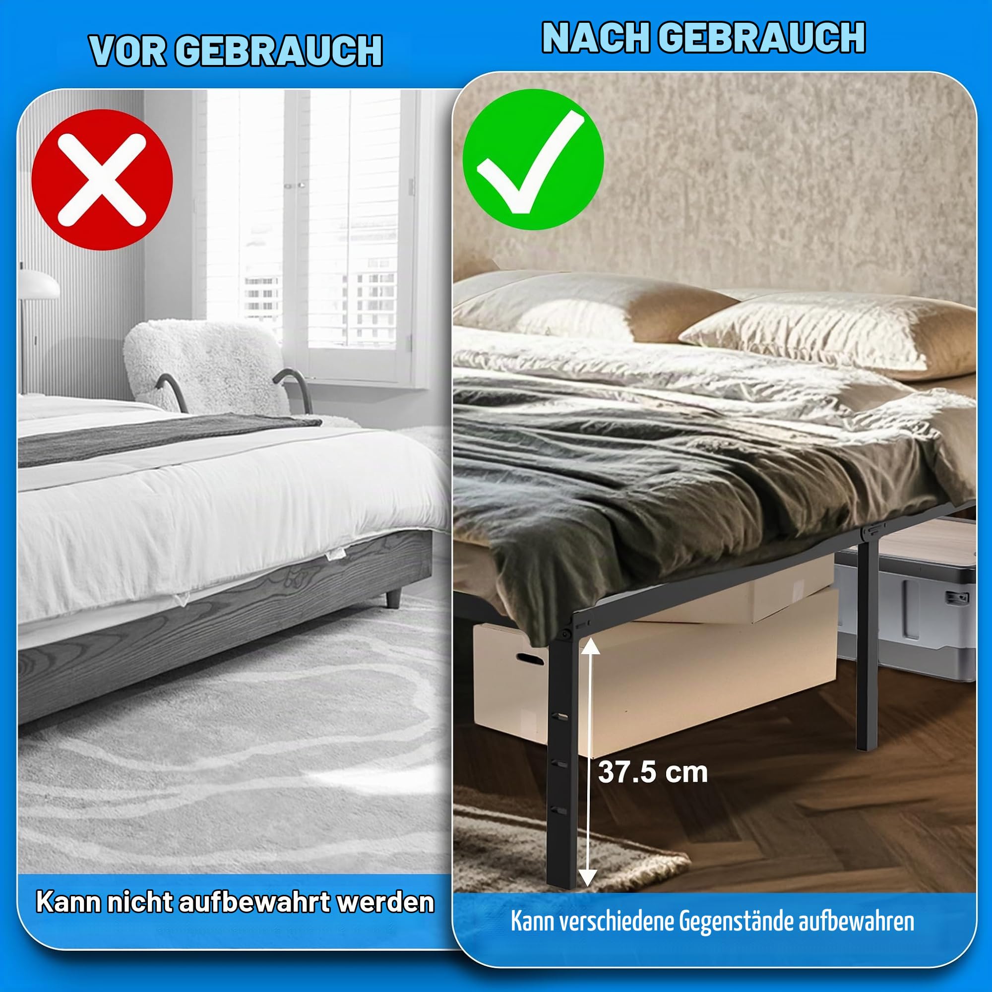 SUBTLETY Klappbare Einzelbettgestell 90x200cm Metall Bettrahmen Modern Jugendbett mit Lattenrost belast bis 160KG Unterbettaufbewahrung Gästebett Schwarz Bettgestell für Schlafzimmer/Gästezimmer/Büro