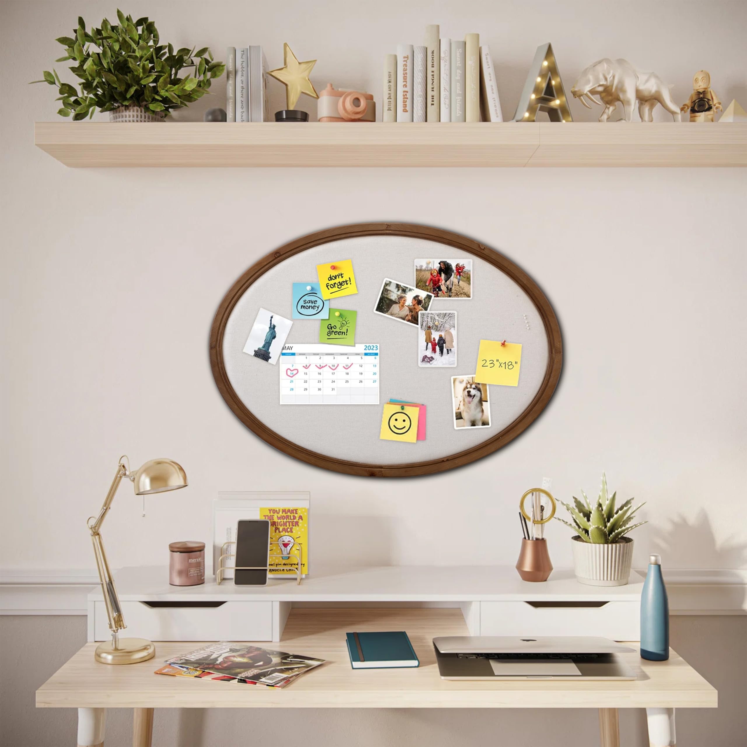 SOFE Große, ovale Pinnwand, Bauernhaus-Stoff-Pinnwände, 83 x 61 cm | Wandmontierte dekorative Sichttafel für Büro, Zuhause, Büro, Schule, mit Nadeln, braun, vertikal/horizontal