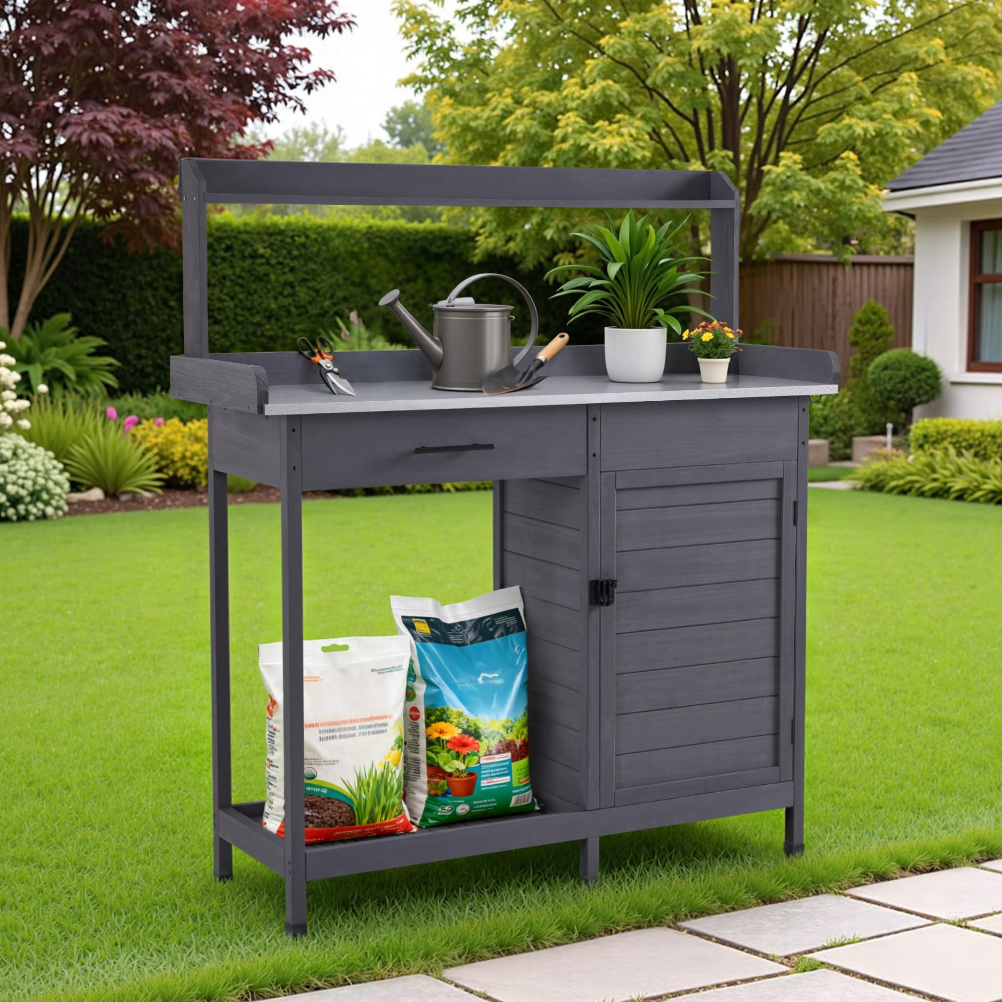 M MCombo Pflanztisch mit Schublade, Ablage, Verzinkter Arbeitsplatte & Schrank, Gärtnertisch Wetterfest mit 3 Haken, Blumentisch Massivholz für Garten, Balkon & Terrasse, 48 x112 x 126 cm, 0440 (Grau)