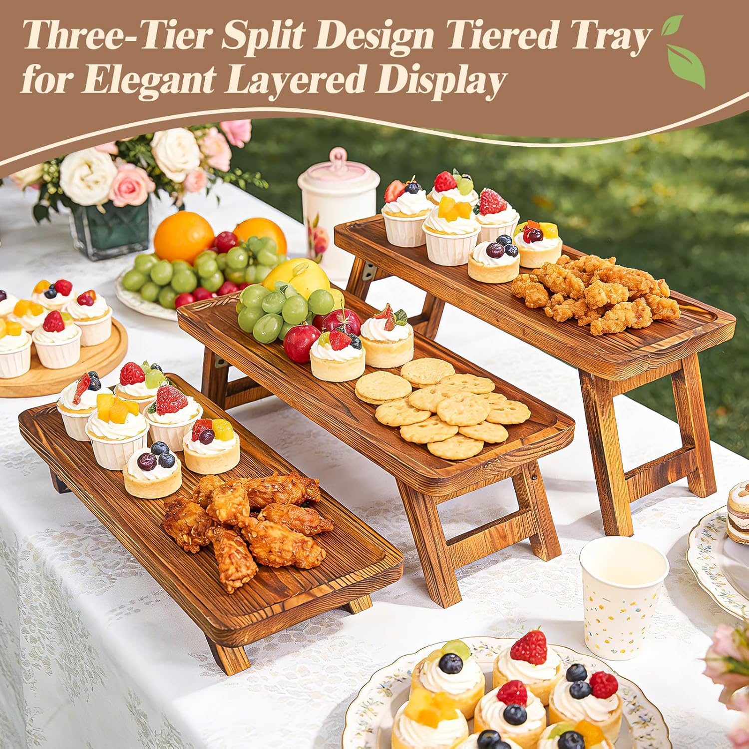 3 Tier Wooden Serving Tray Stand, Foldable Tiered Dessert Display Set for Party, Wedding, Birthday, Christmas, Rustic Charcuterie Boards Table Decor
