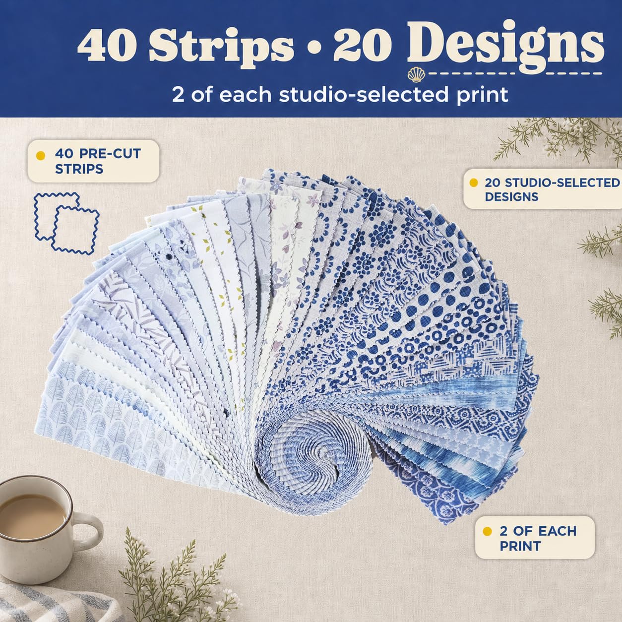 Needles Quilt Studio - Jelly Roll Stoffe zum Quilten, 40 Streifen, 6,3 x 111,8 cm, Baumwollstreifen, Stoff-Gelee-Rollen zum Nähen, Vorgeschnittene Steppdecken (Skandinavisches Design)