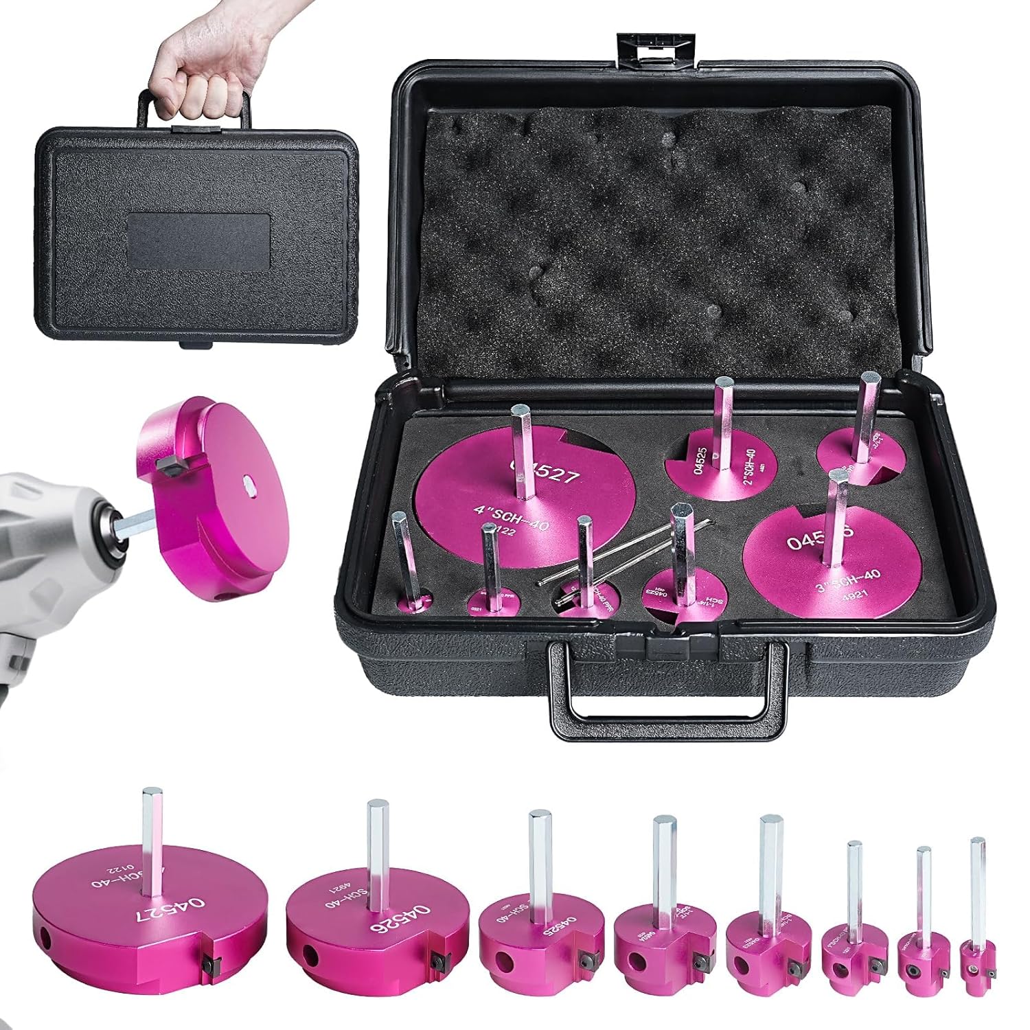 8 Pcs PVC Pipe Reamer Kit for 1/2" Drill – Fitting Saver Tool Set, Includes 1/2", 3/4", 1", 1-1/4", 1-1/2", 2", 3", 4" Carbide Inserts for SCH40 PVC CPVC ABS Pipes