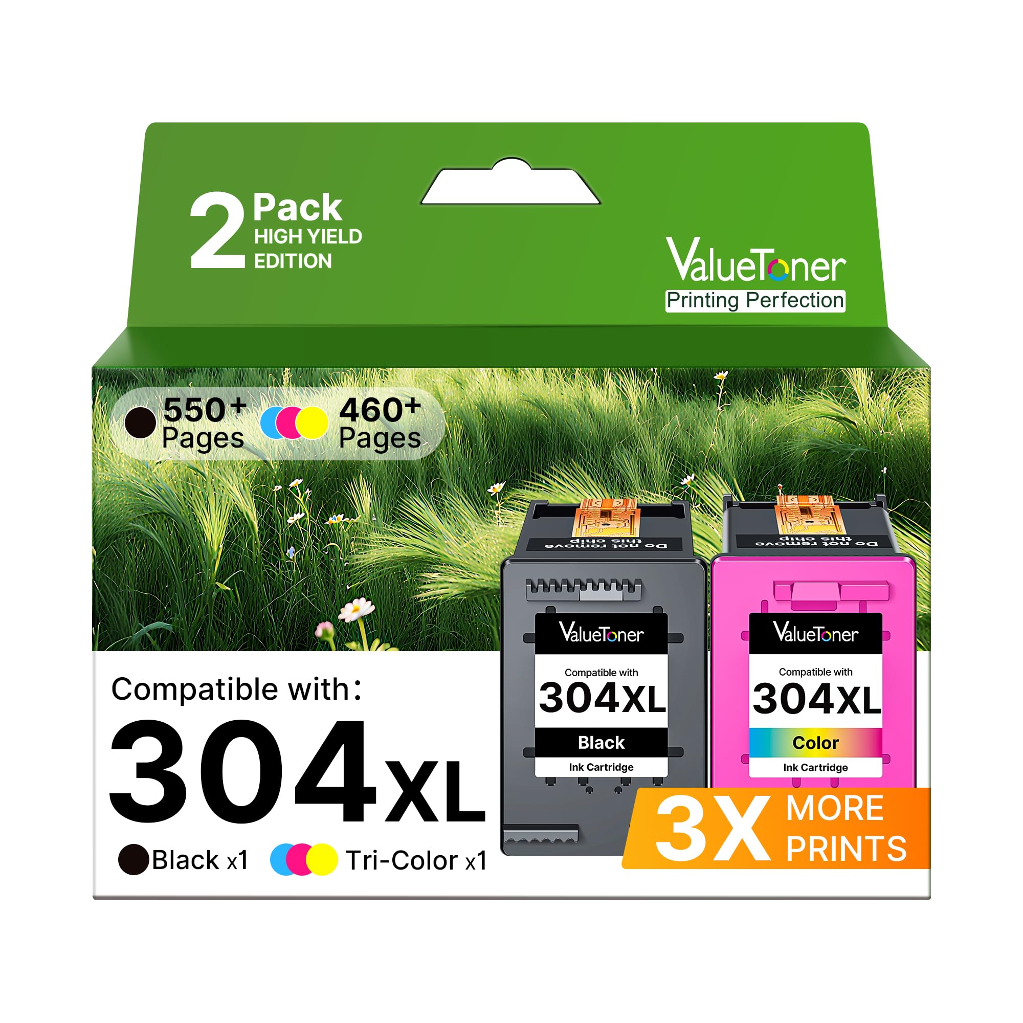 Valuetoner 304 XL Multipack Druckerpatronen Kompatibel für HP 304 Druckerpatronen für HP Envy 5030 5010 5000 5020 5032 Deskjet 2630 3750 3730 3762 2620 2622 3720 3760(2 Pack)