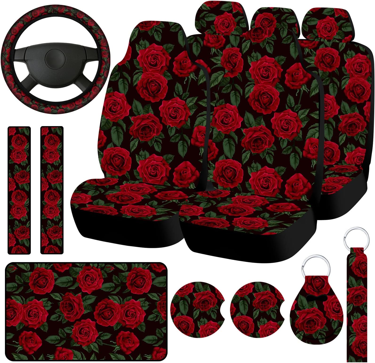 Fabbay 15 Pcs Red Rose Car Seat Covers Full Set Red Rose