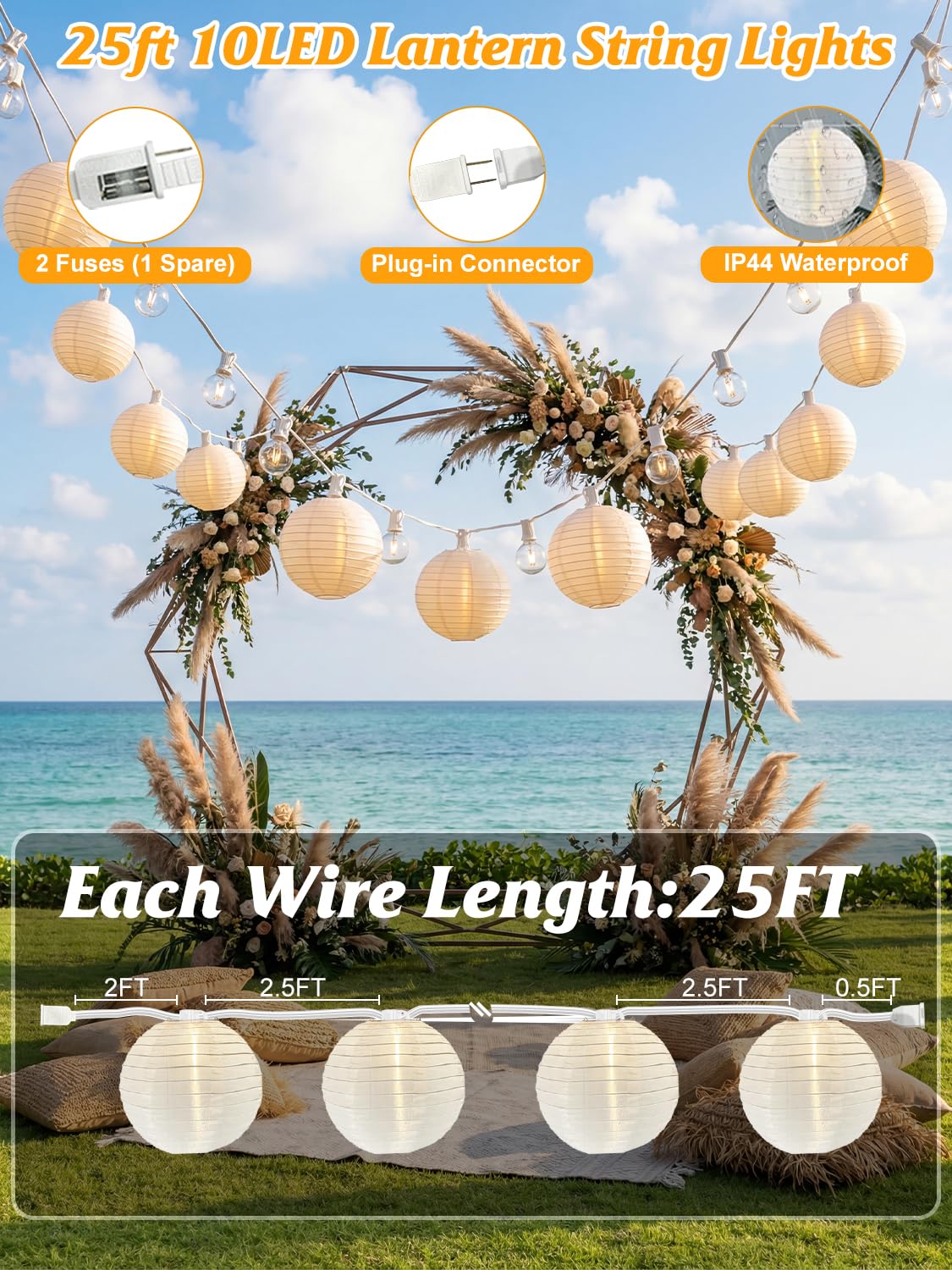 25FT White Lantern String Lights,10 Nylon Hanging Lantern Decor