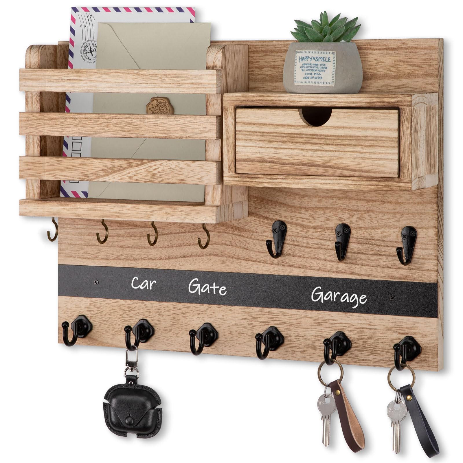 Photo 1 of Nekon Key Holder Wall Mount, Rustic Mail and Keys Shelf for Wall Organization with 13 Hooks, Home Decor Accessory with Drawer, Wood
