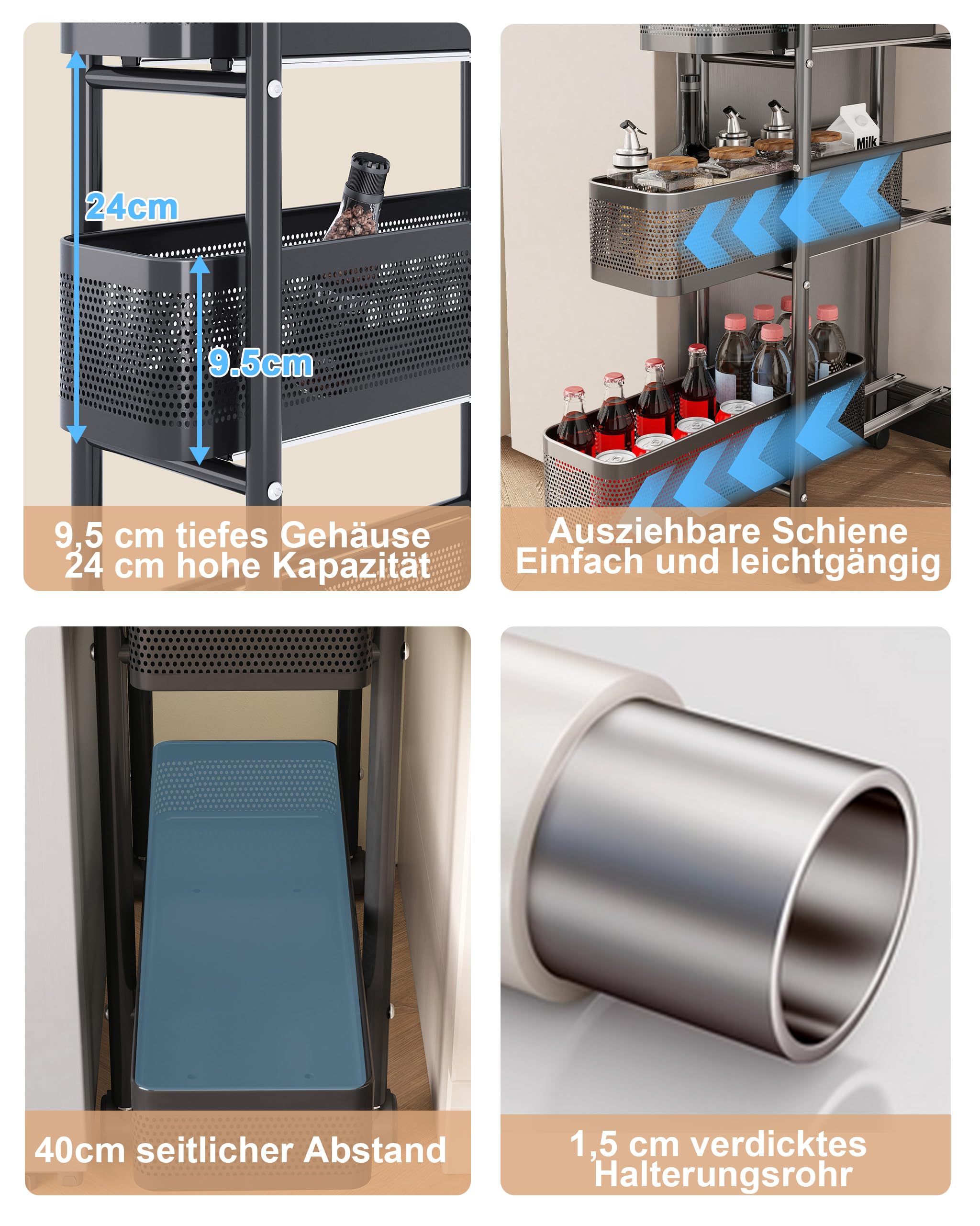 UMDONX Küchenwagen Schmal Aufbewahrungswagen mit Ausziehbare Schubladen, 5 Ebenen Rollwagen Metall Nischenwagen Servierwagen mit Rollen für Bad Küche Wohnzimmer Balkon(Schwarz)