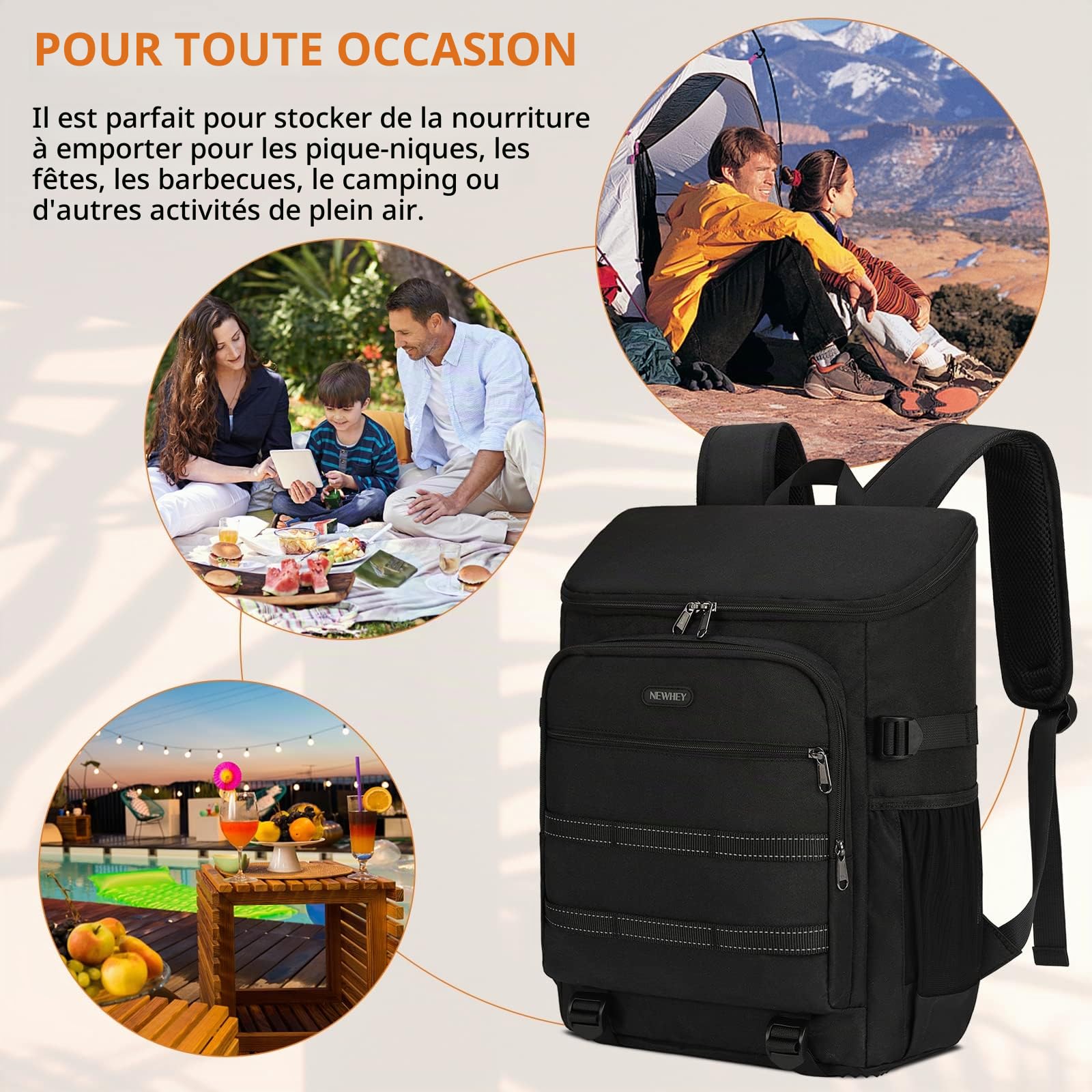 NEWHEY 30L Sac à Dos Isotherme Étanche Glacière Grand Sac à Dos de Pique-Nique Alimentaire Léger Déjeuner Camping BBQ Randonnée Noir