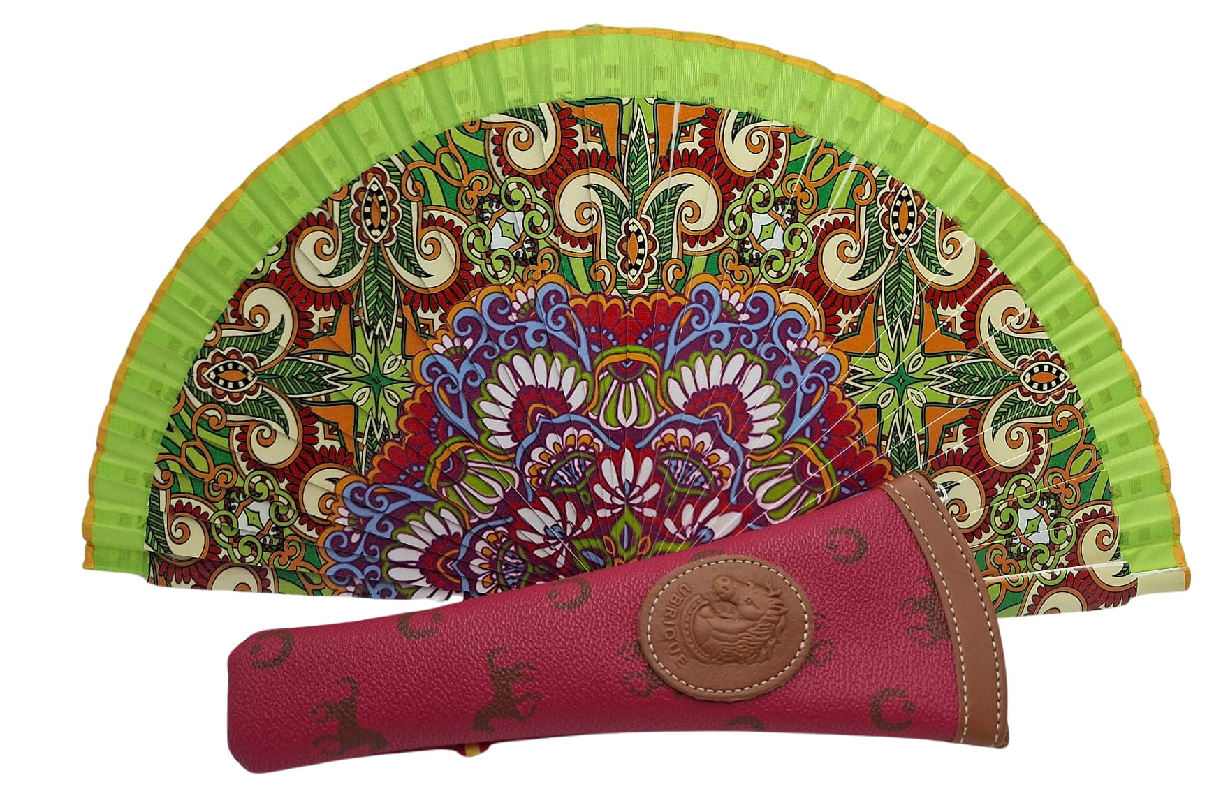 Fans with flowers, landscapes and colorful figures, with leather upholstery, beautiful wooden fan with cover