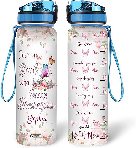 Hyturtle Botella de agua motivacional personalizada con texto en inglés "Just A Girl Who Loves Butterflies", botella de agua motivacional