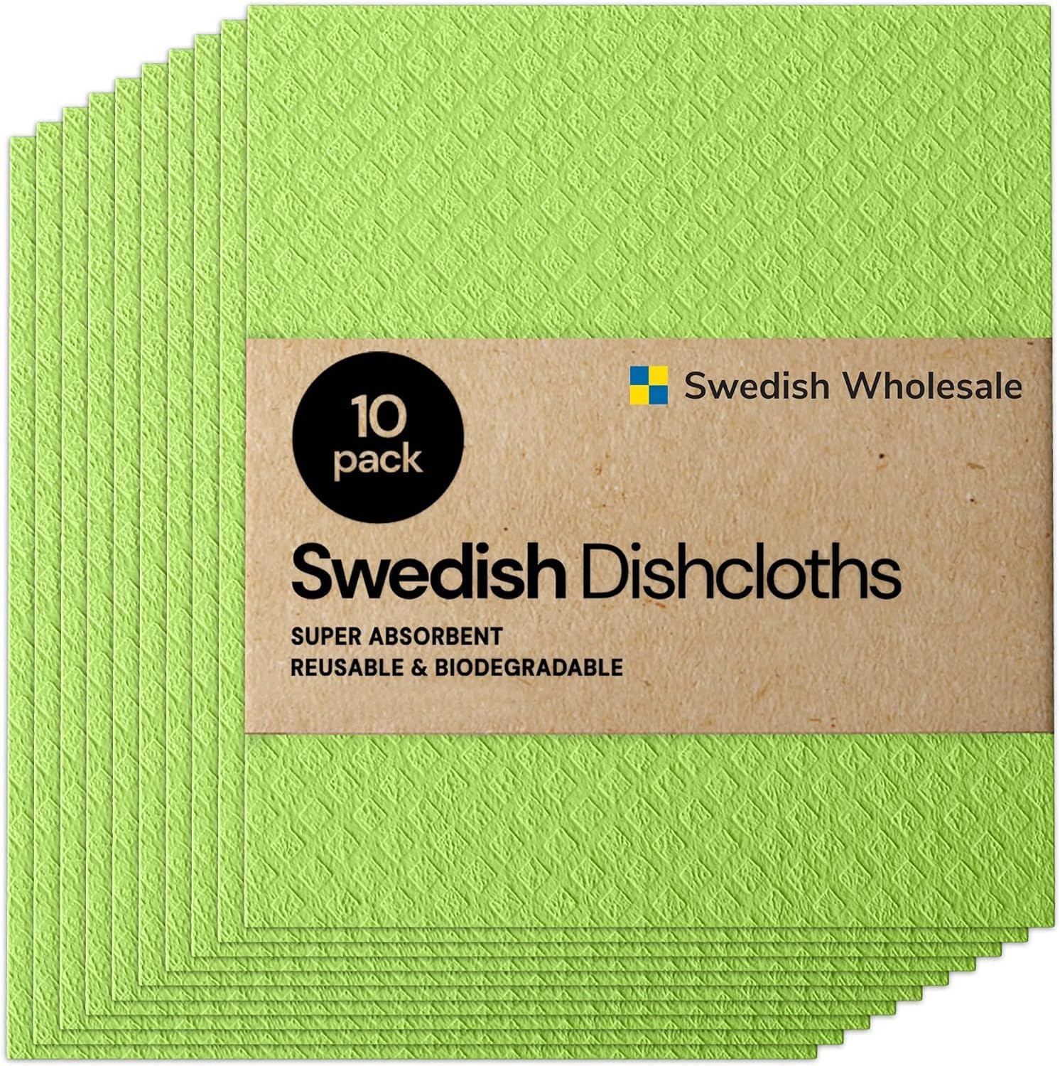 Swedish Wholesale Green Swedish Dishcloth Cellulose Sponge Cloths - Bulk 10 Pack Of Eco-Friendly No Odor Reusable Cleaning Cloths For Kitchen - Absorbent Dish Cloth Hand Towel (10 Dishcloths - Lime )