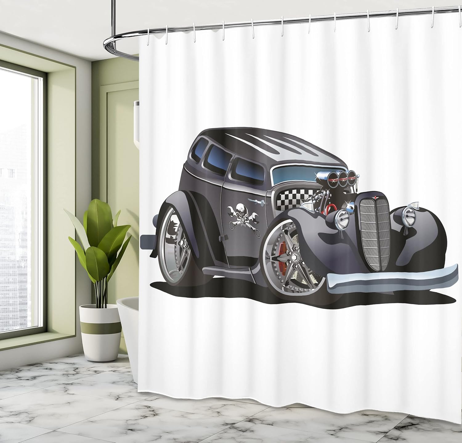 Lunarable Cartoon Shower Curtain, Classic Hot Rod Car Fashion Skull Pattern Angry Furious Gesture Graphic, Cloth Fabric Bathroom Decor Set with Hooks, 69" W x 70" L, Charcoal Grey