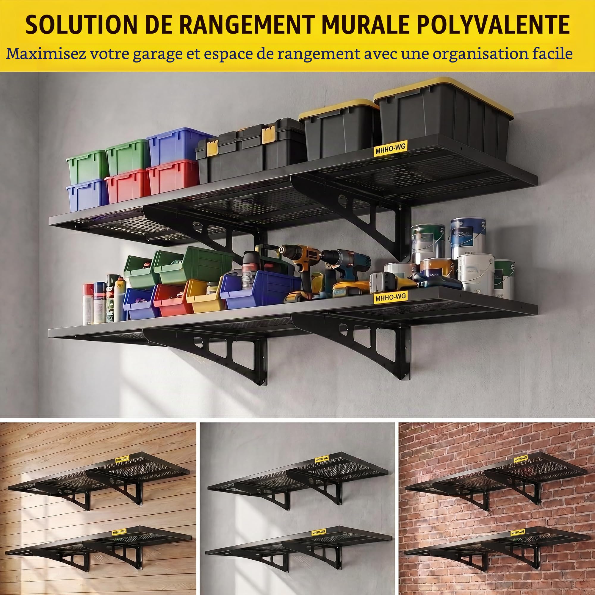 Ensemble d'étagères murales de Garage, Lot de 2, dimensions1.64x4Ft (0,5 x 1,22 m) – Étagères murales Robustes pour Garage, avec Crochets, Couleur Noire