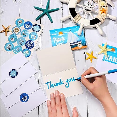 Miniatura 3 de Lincia Paquete de 48 tarjetas de agradecimiento náuticas con sobres y calcomanías, notas de agradecimiento del personal para regalos del personal de