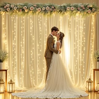 10ft x 8ft Champagne Sheer Tulle Backdrop Curtains with Lights String Wedding Backdrop for Reception Ceremony Birthday Party Baby Shower Photo Booth Background Decoration