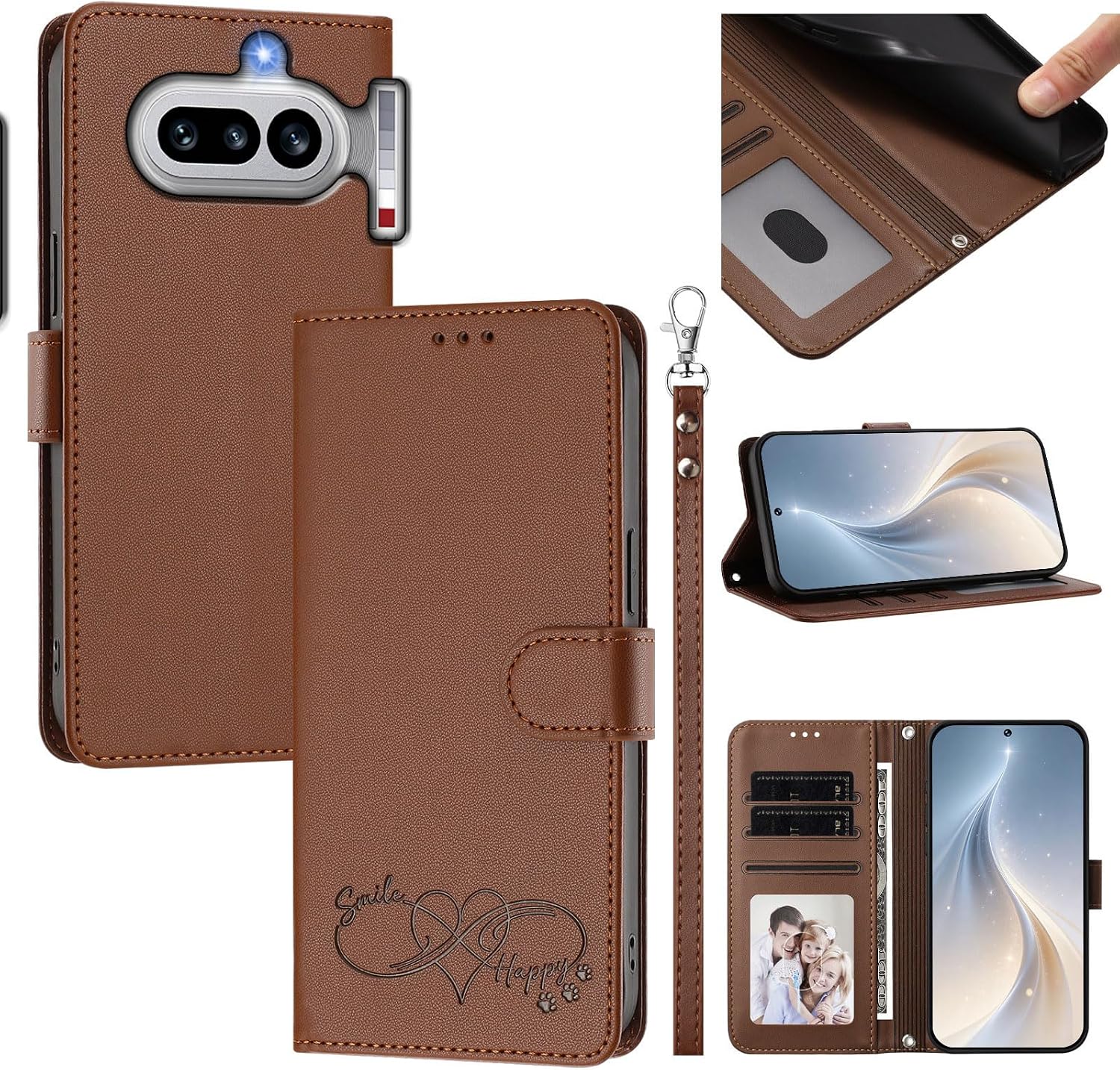 Compatible with Nothing Phone (4a) Pro Flip-Kickstand-Magnetic Card Slot Lanyard Protective Case Brown