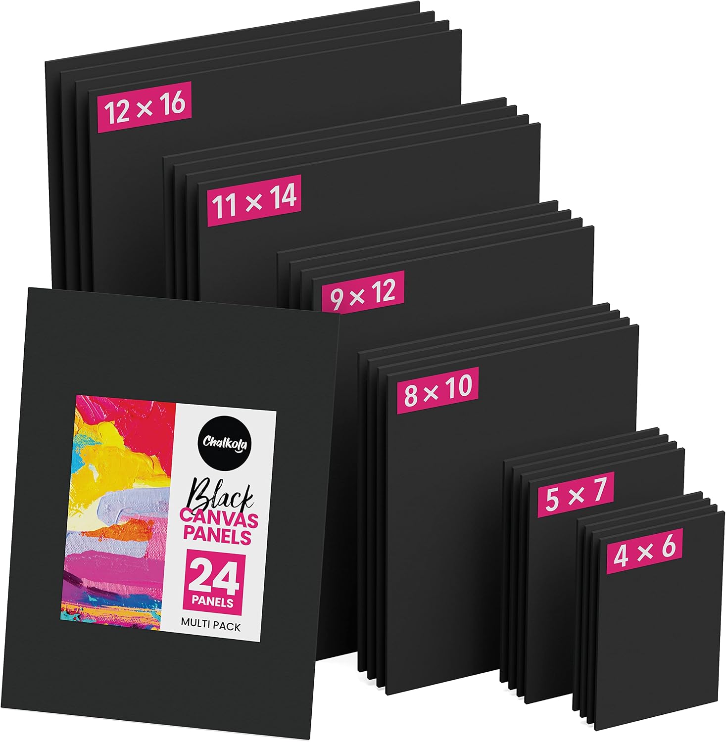 Chalkola Black Canvas for Painting - 24 Pack Canvas Panels - 4x6, 5x7, 8x10, 9x12, 11x14, 12x16 inch (4 Each) - Canvases are 100% Cotton, Primed, Acid Free Art Canvas Boards for Painting