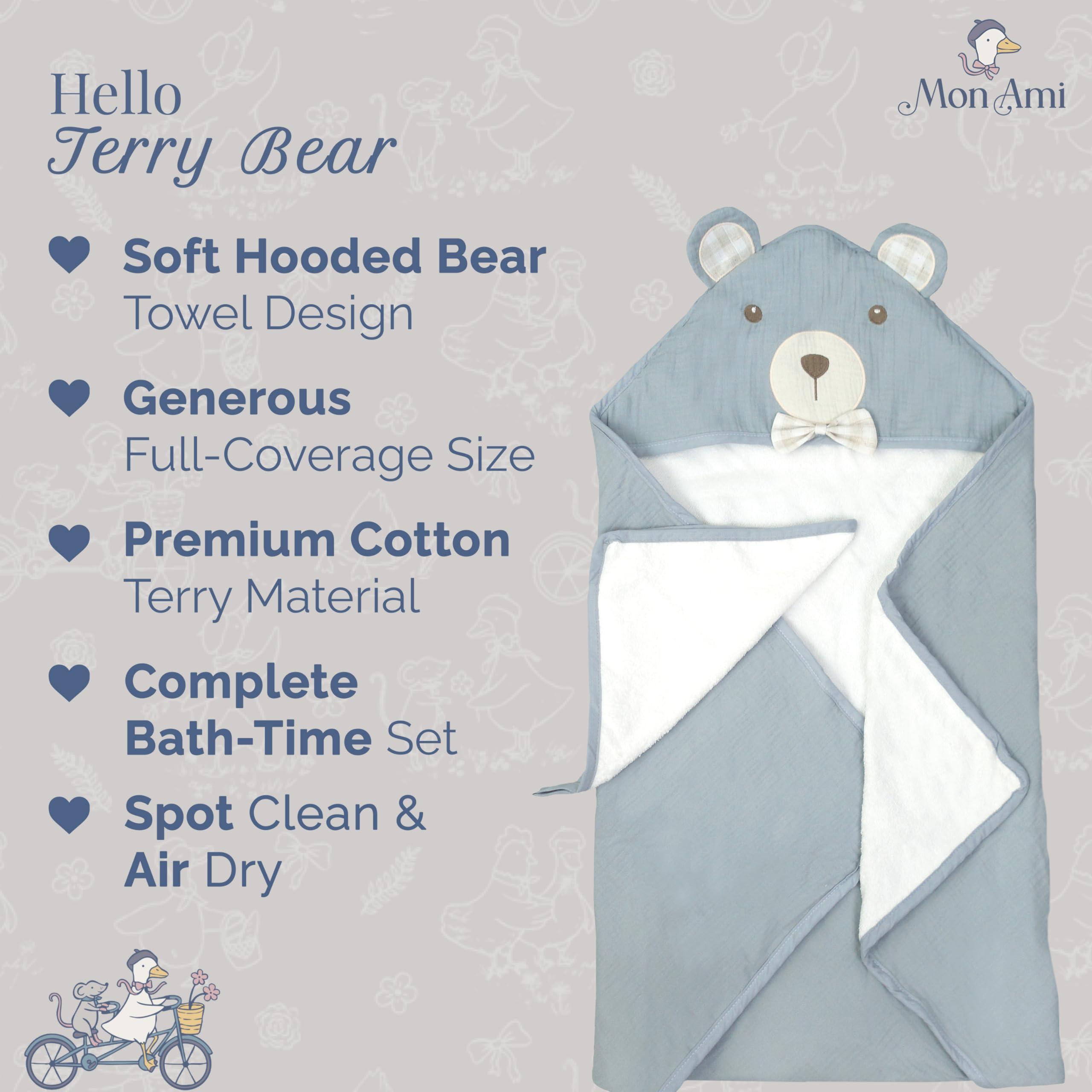 MON AMI Frottee Bunny Kapuzen-Babyhandtuch & Waschlappen Set für 0-18 Monate, Premium Weiche Babybadewanne Baumwolle Handtuch, Badetuch für Baby Shower für Kleinkinder, Jungen & Mädchen (Grau)