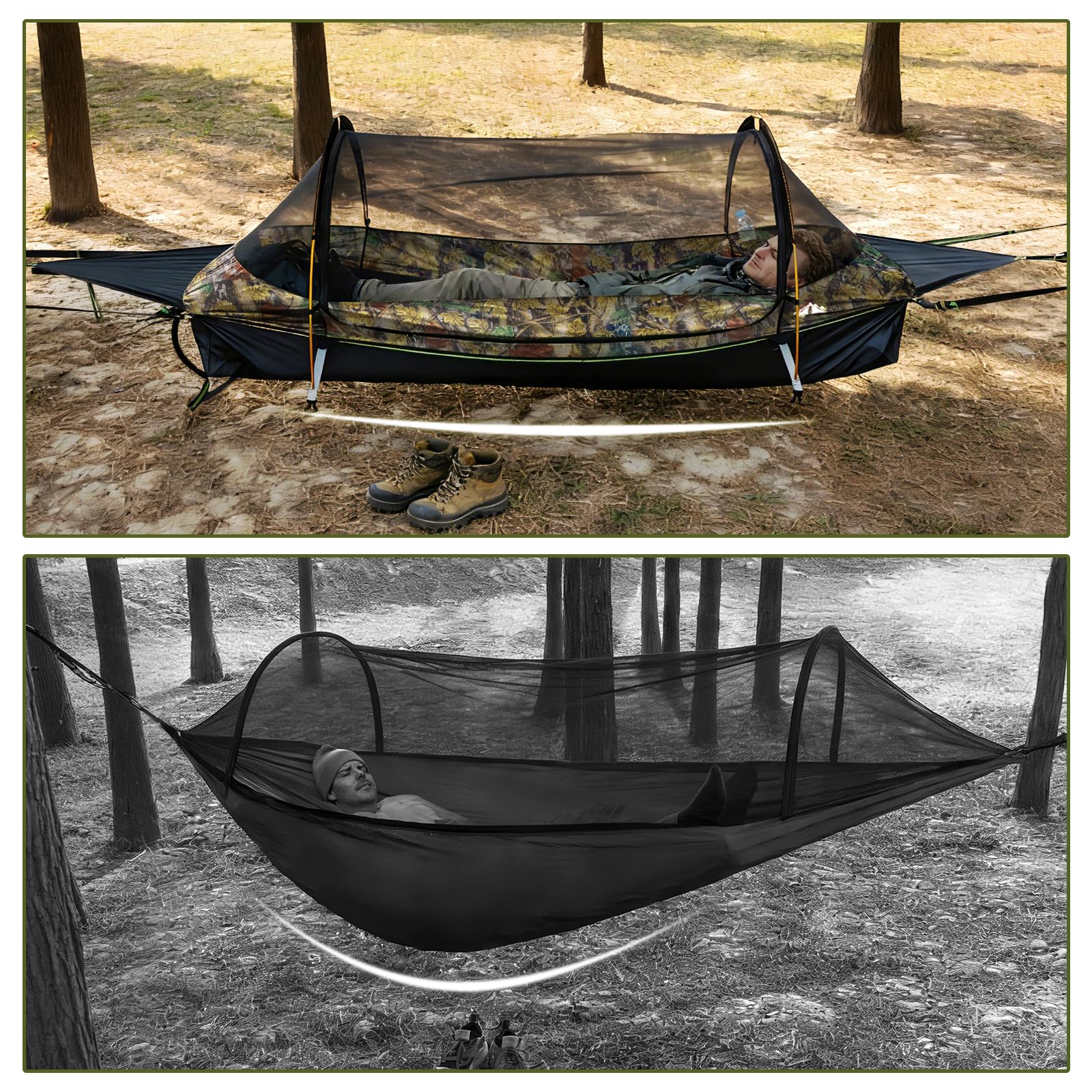 Night Cat Hamaca de Fondo Plano para 1 Persona con Mosquitera y Cubierta Impermeable Senderismo Camping Jardín Patio Trasero Salvaje Camuflaje Pro