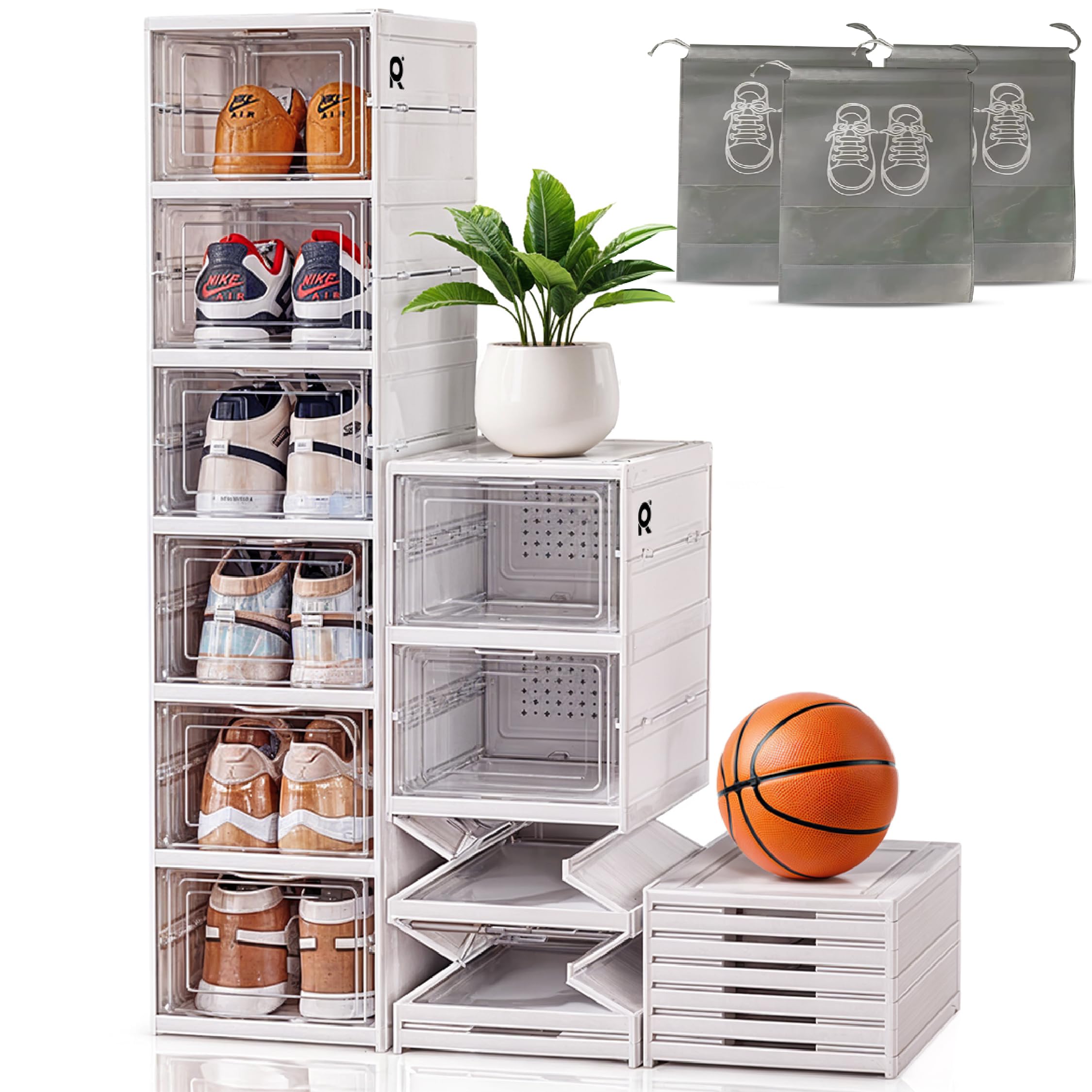 rayrot Zapatero Plegable Extensible. 6 Cajas Zapatos Transparentes Apilable de Plastico Resistente Incluye 3 Bolsas Zapato Viaje hasta Talla 47 Organizador Armario Interior