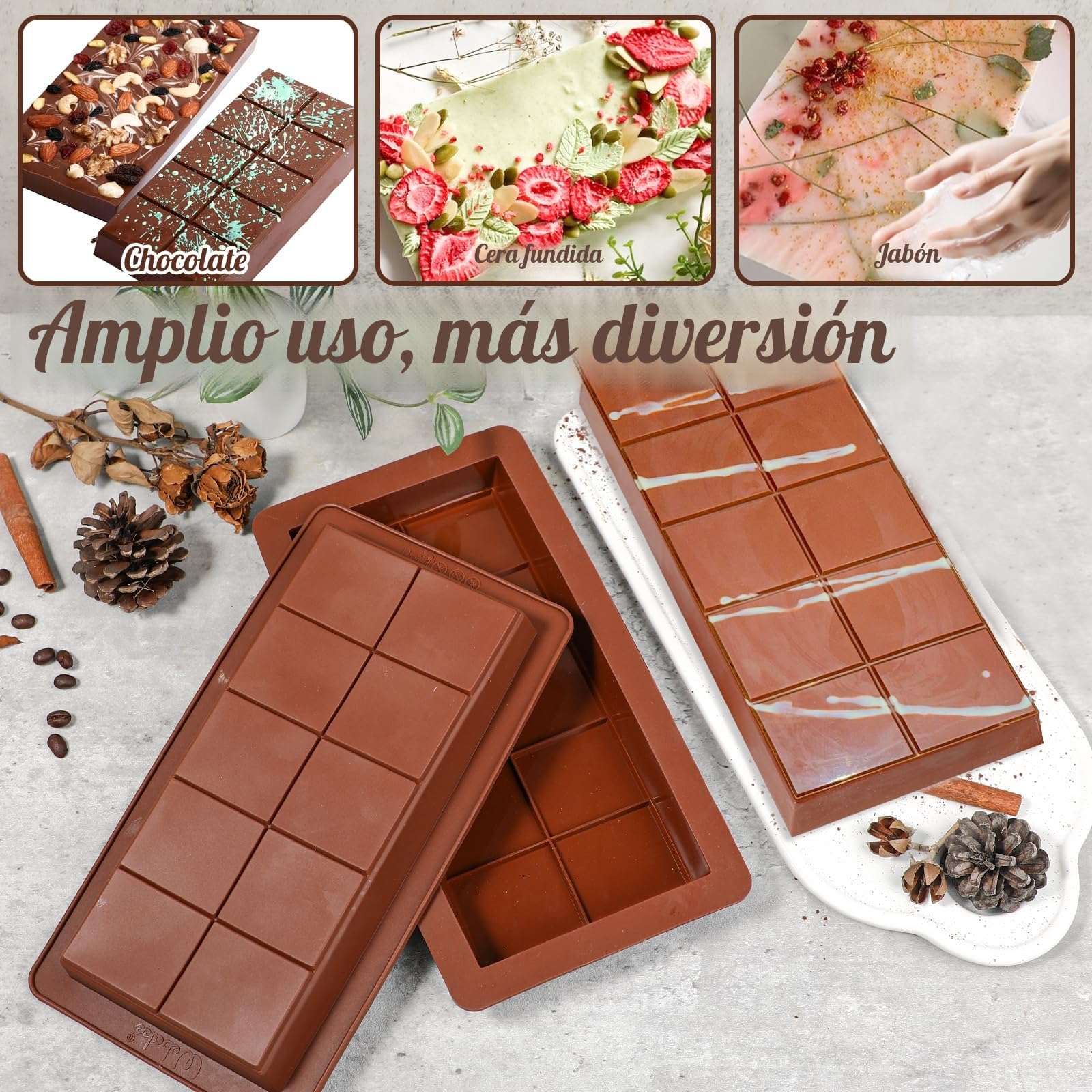 Webake Molde Turron de Silicona Profundo 2 Piezas Molde de Barra de Chocolate