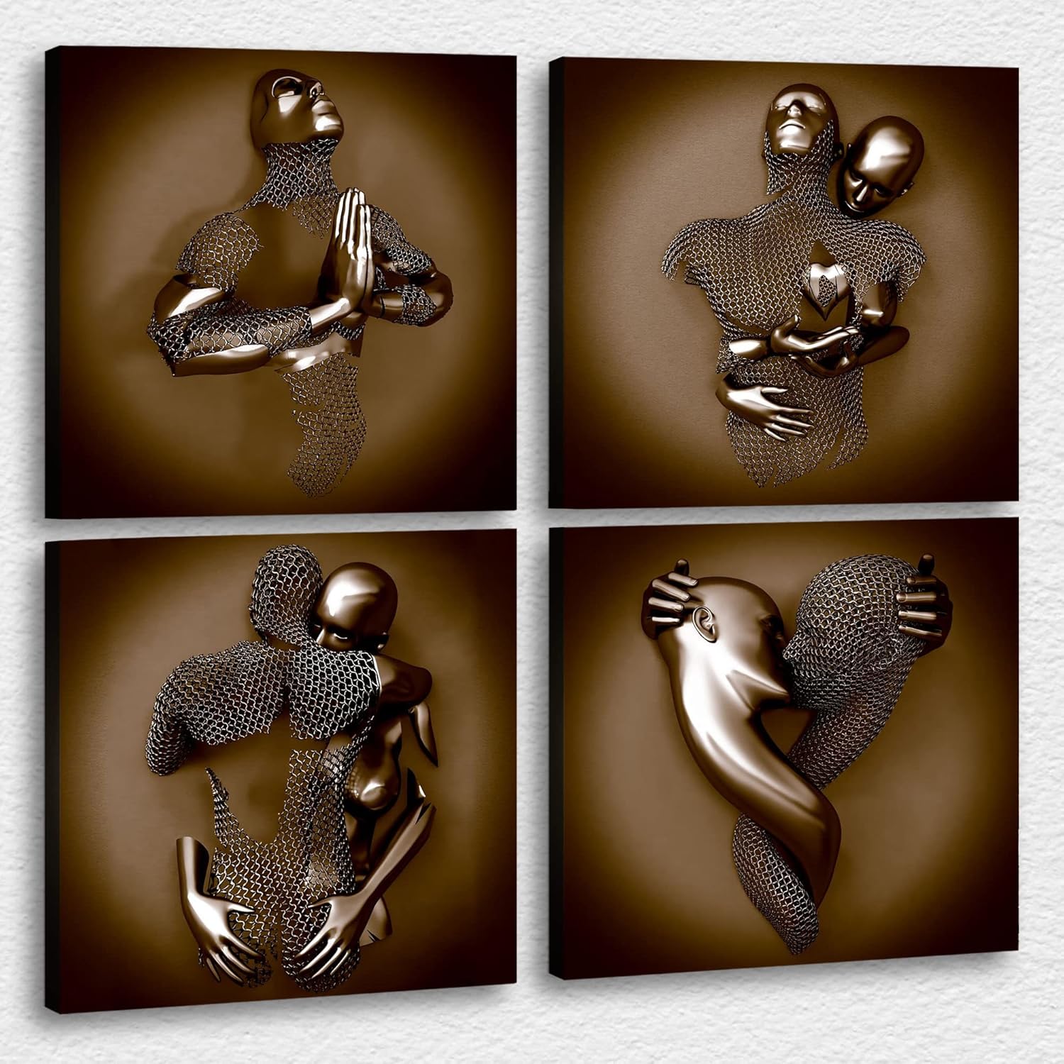 GUTTATY Modern Love Heart Gray-3D Art Wall, 3D Effect Love Canvas Art Painting, Brown 3D Canvas Wall Art for Living Room, Kissing & Hugging Pose Pattern Canvas Prints for Couples Bedroom 20"x20"x4PCS