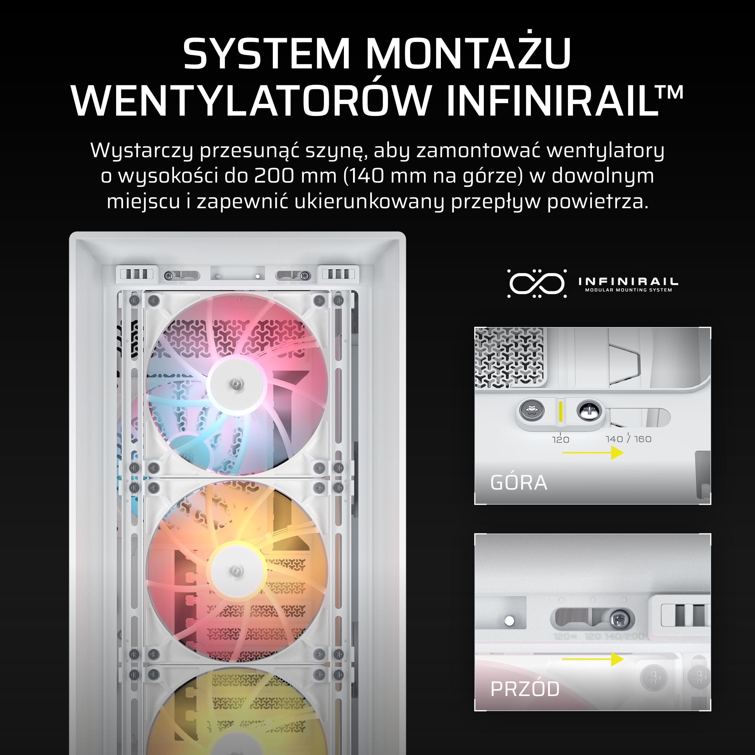 CORSAIR FRAME 5000D RS ARGBModular High Airflow Mid-Tower Obudowa Komputera — 4x Fabrycznie Zainstalowane Wentylatory RS ARGB, System Mocowania Wentylatorów InfiniRail™ — Biały